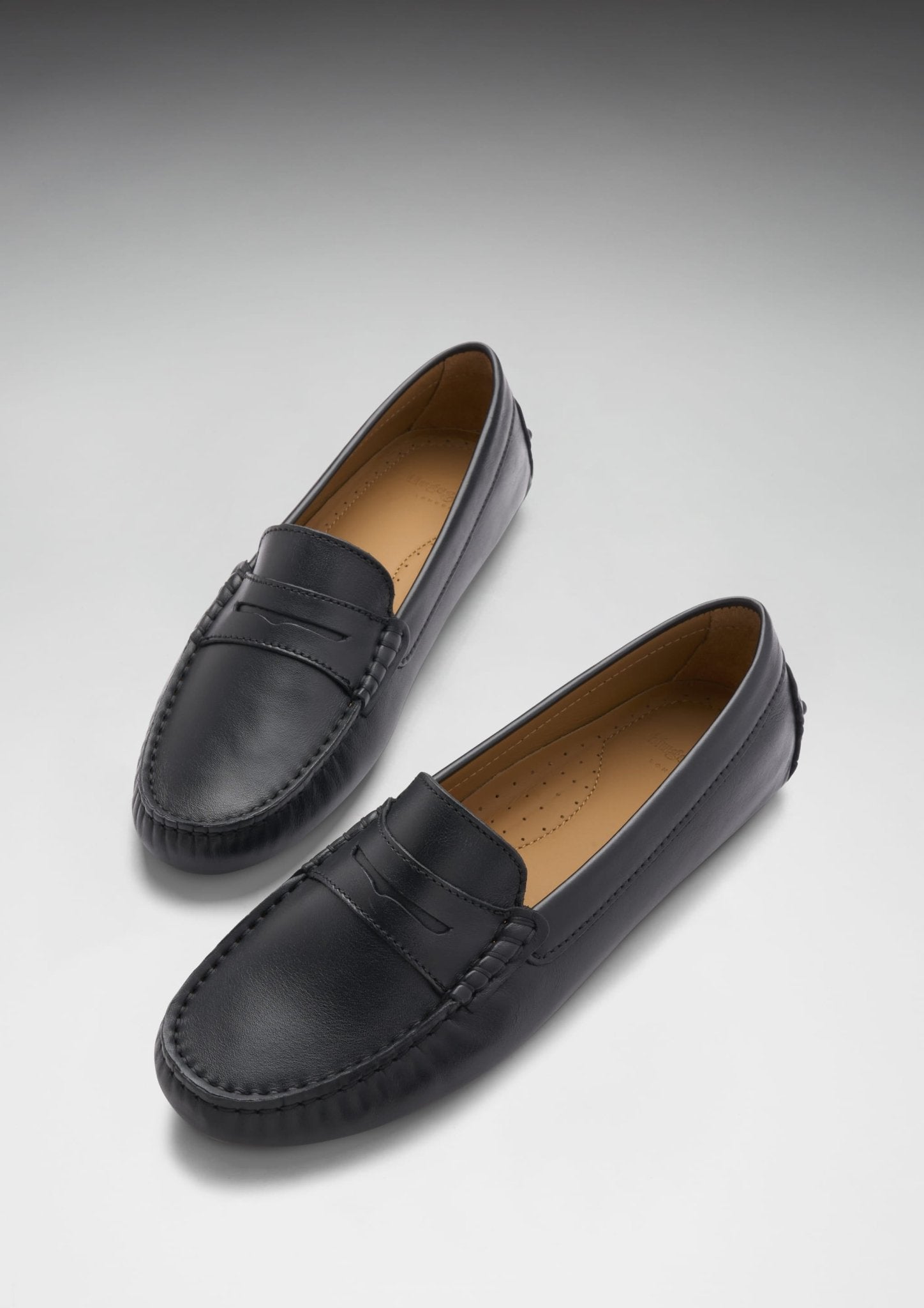 Pair of black loafers on a light gray background