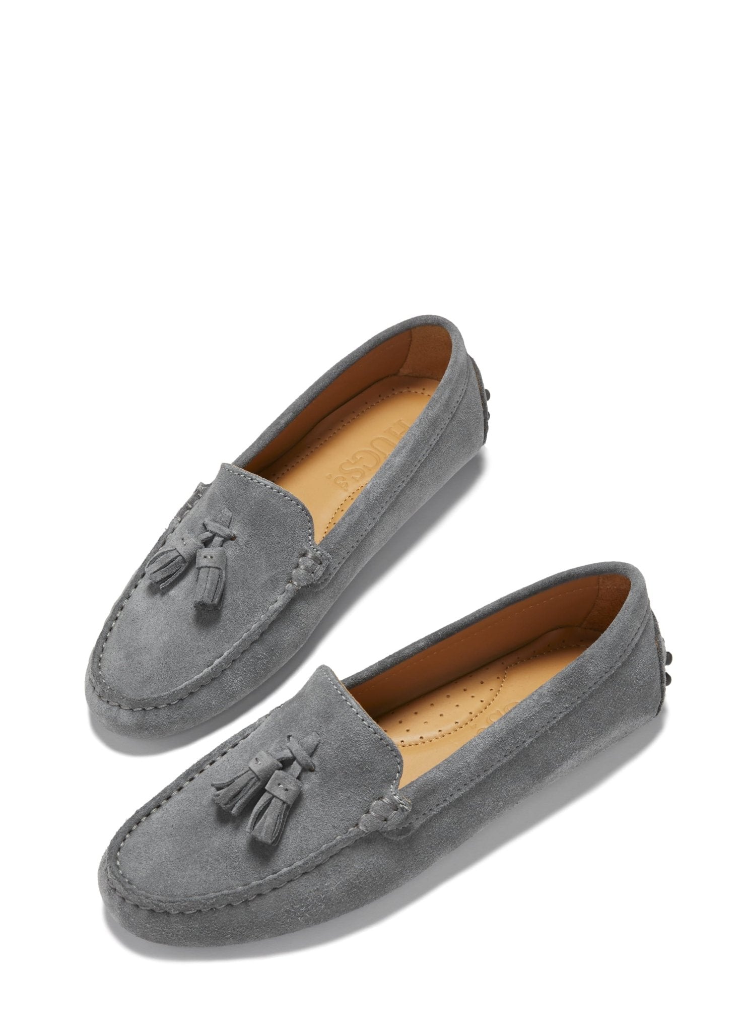 Women's Tasselled Driving Loafers, slate grey suede - Hugs & Co.