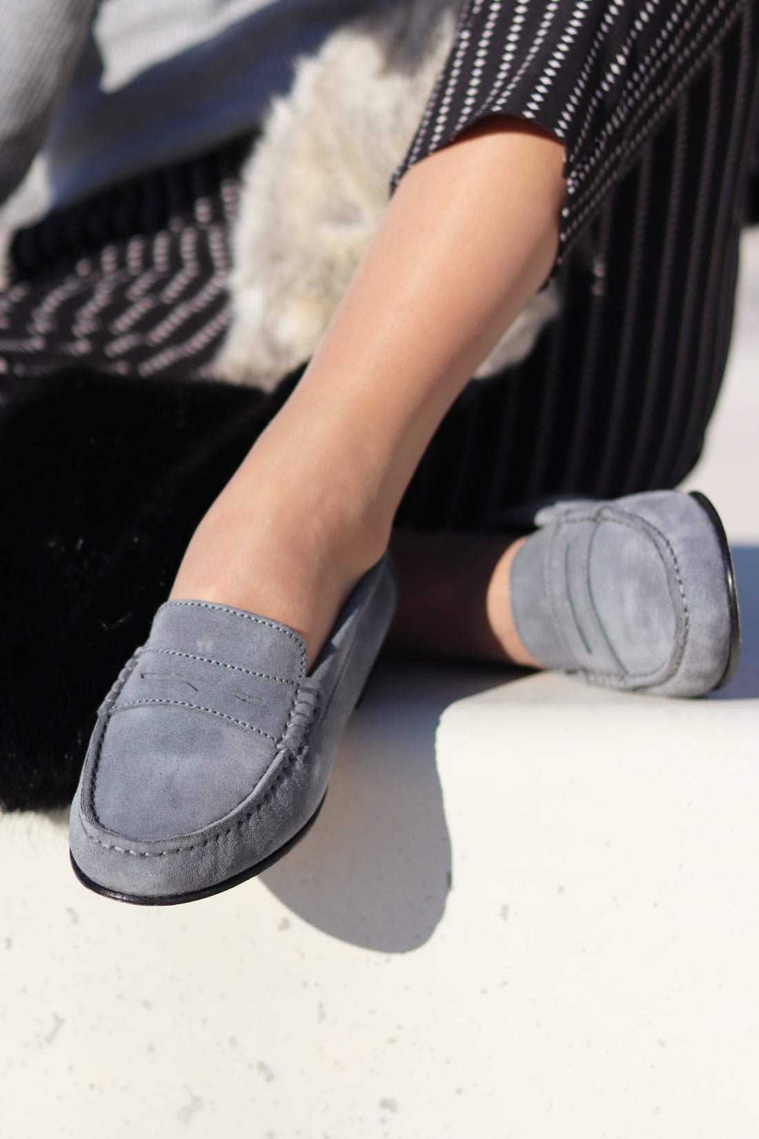 Women's Penny Loafers Leather Sole, slate grey suede - Hugs & Co.