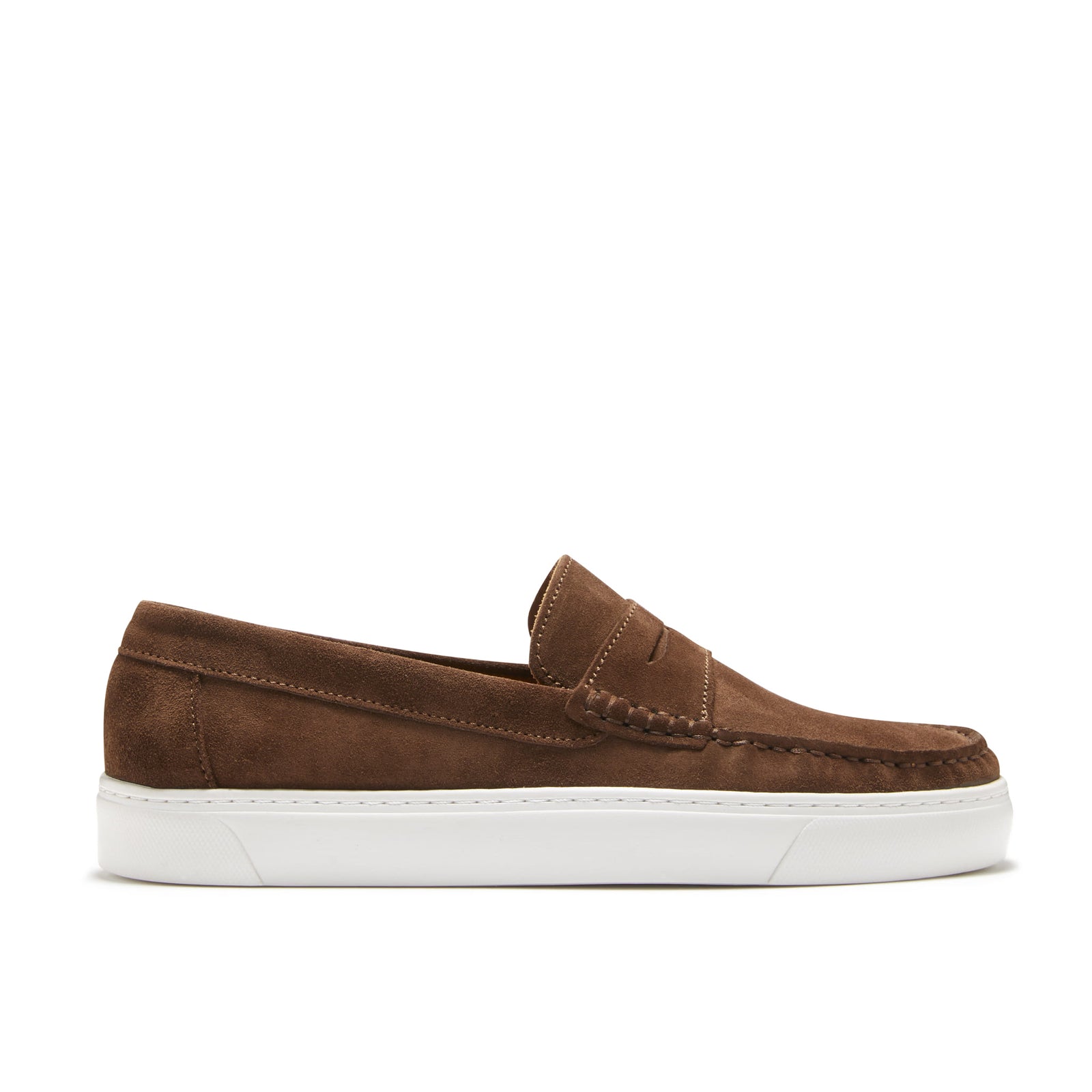 A brown suede slip-on sneaker loafer with a white sole.