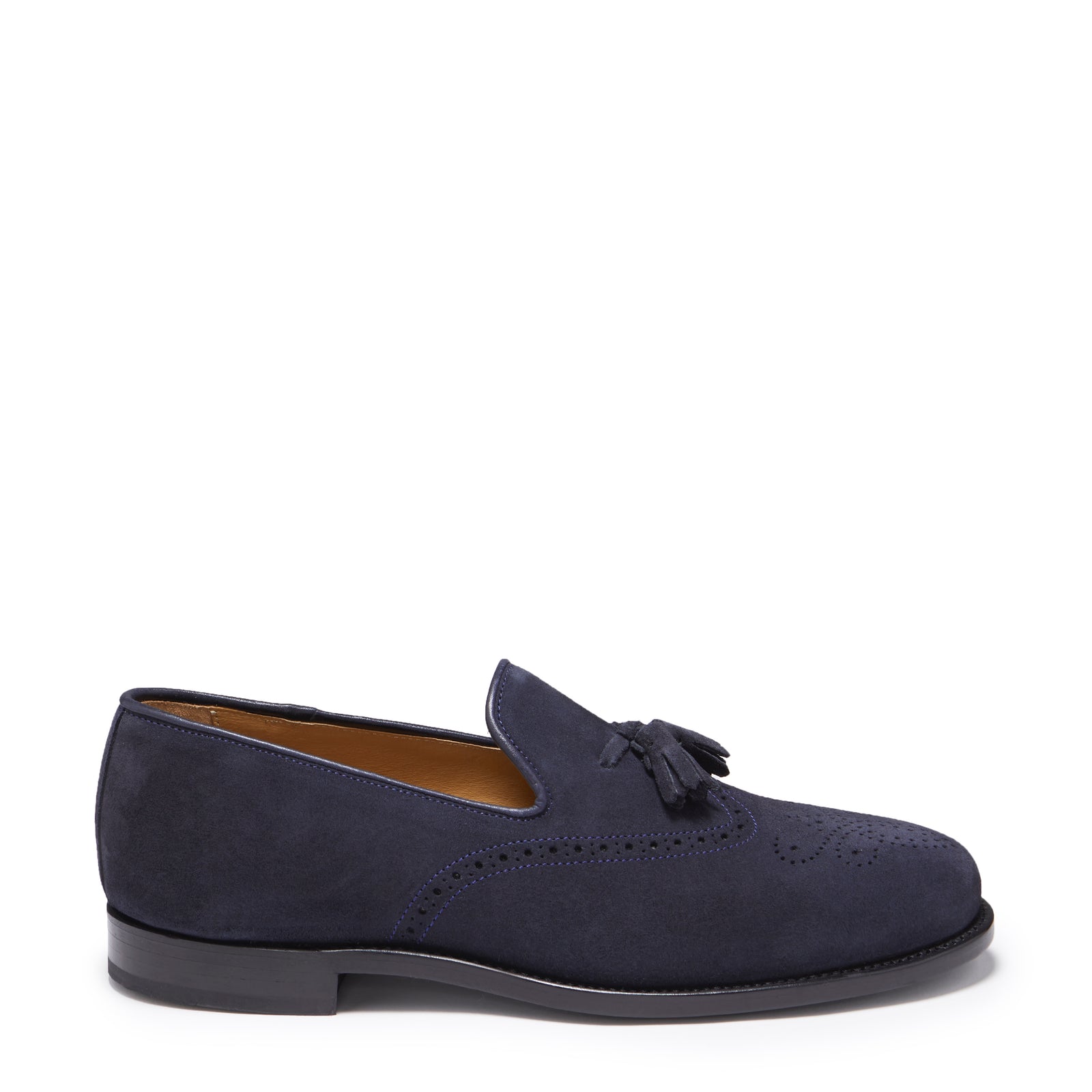 Marineblaue Brogues aus Wildleder mit Troddeln, rahmengenähte Ledersohle