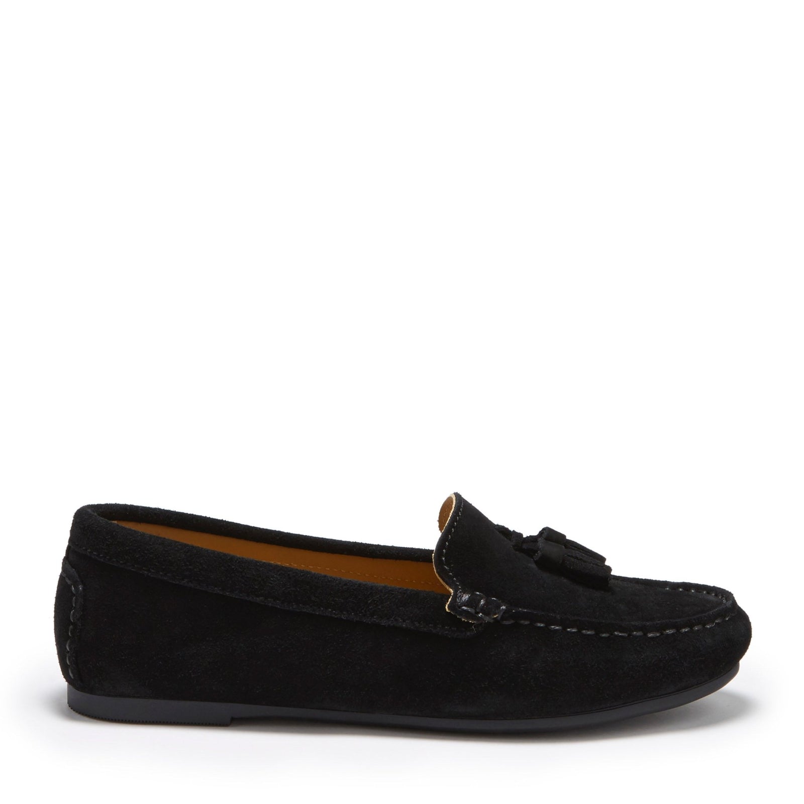 Women's Tasselled Driving Loafers Full Rubber Sole, black suede - Hugs & Co.