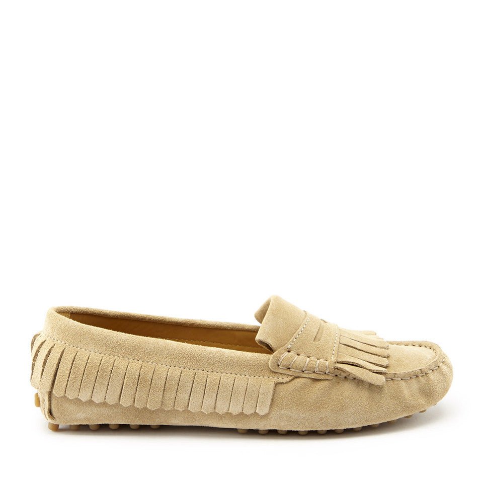 Women's Fringed Driving Loafers, taupe suede - Hugs & Co.