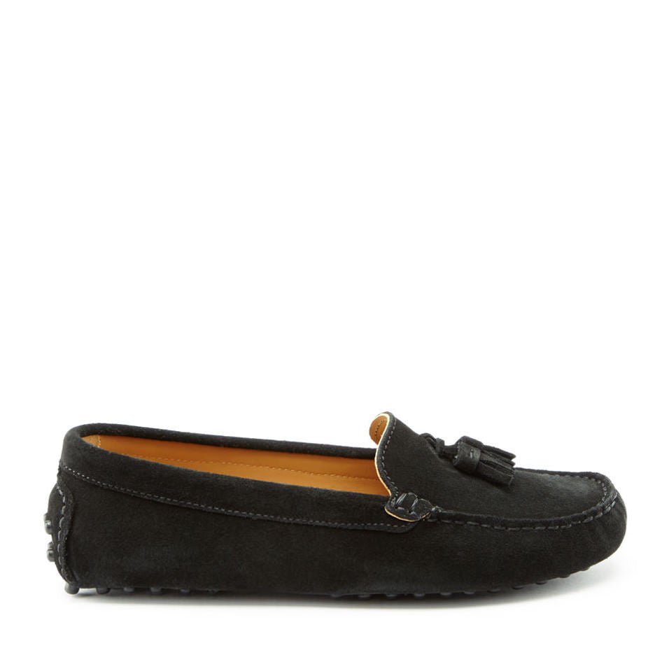 Women's Tasselled Driving Loafers, black suede - Hugs & Co.