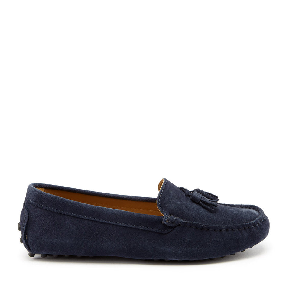 Mocassins femme à pompons, daim bleu marine
