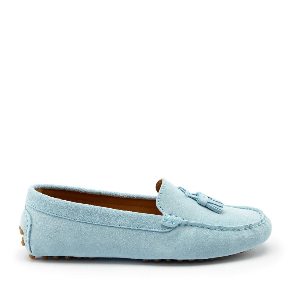 Women's Tasselled Driving Loafers, sky blue suede - Hugs & Co.