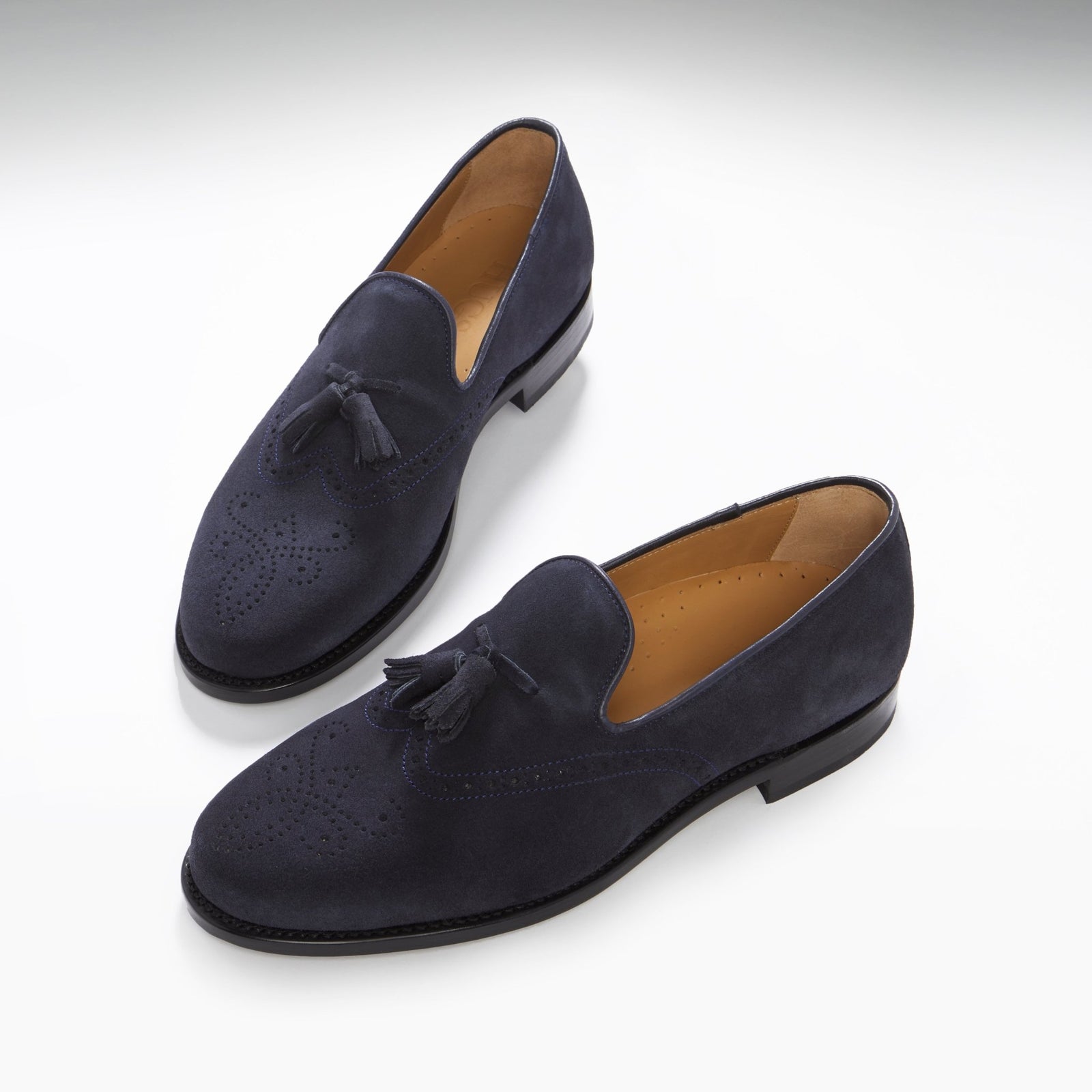 Navy Blue Suede Tasselled Brogues, Welted Leather Sole - Hugs & Co.