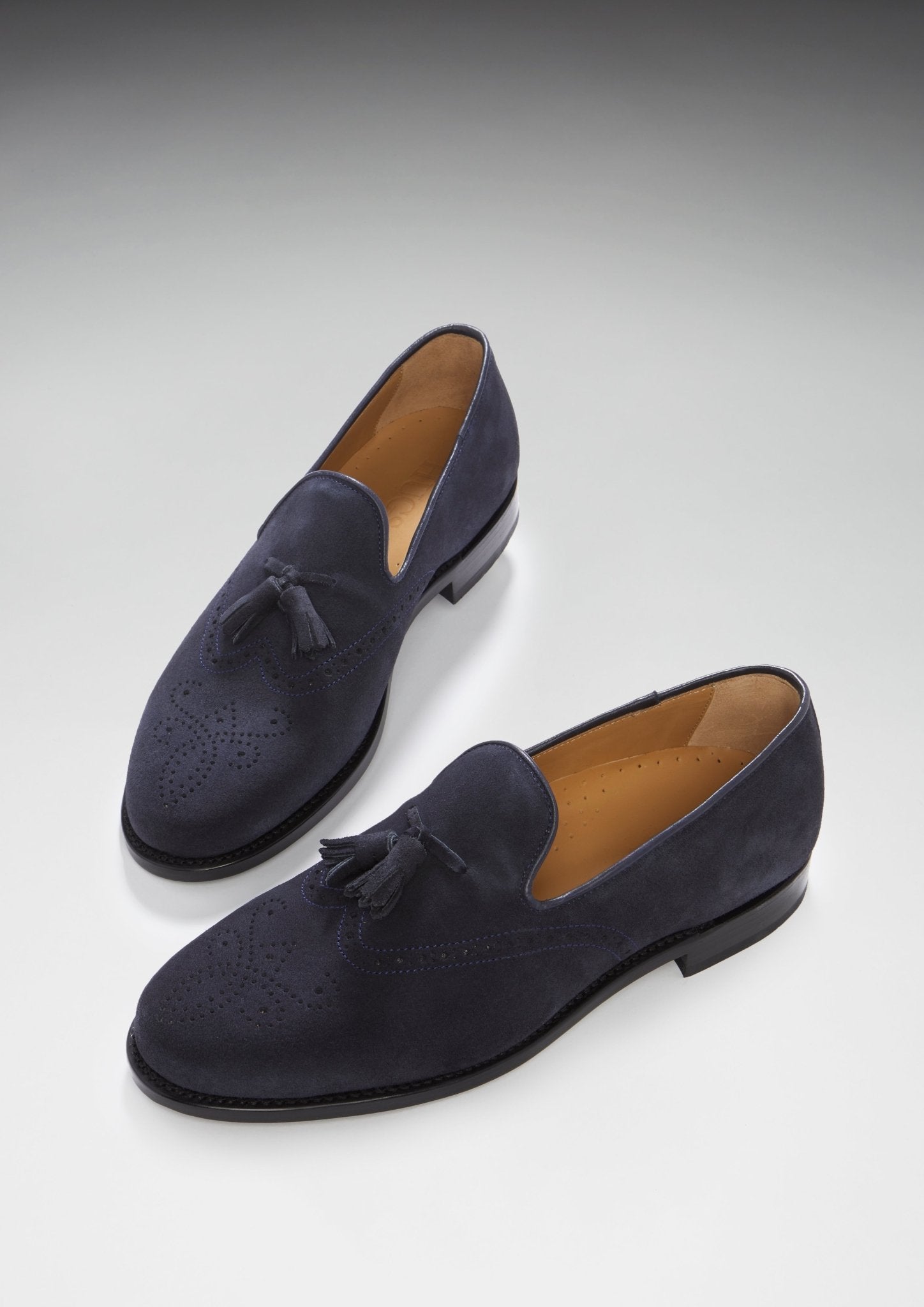 Navy Blue Suede Tasselled Brogues, Welted Leather Sole - Hugs & Co.