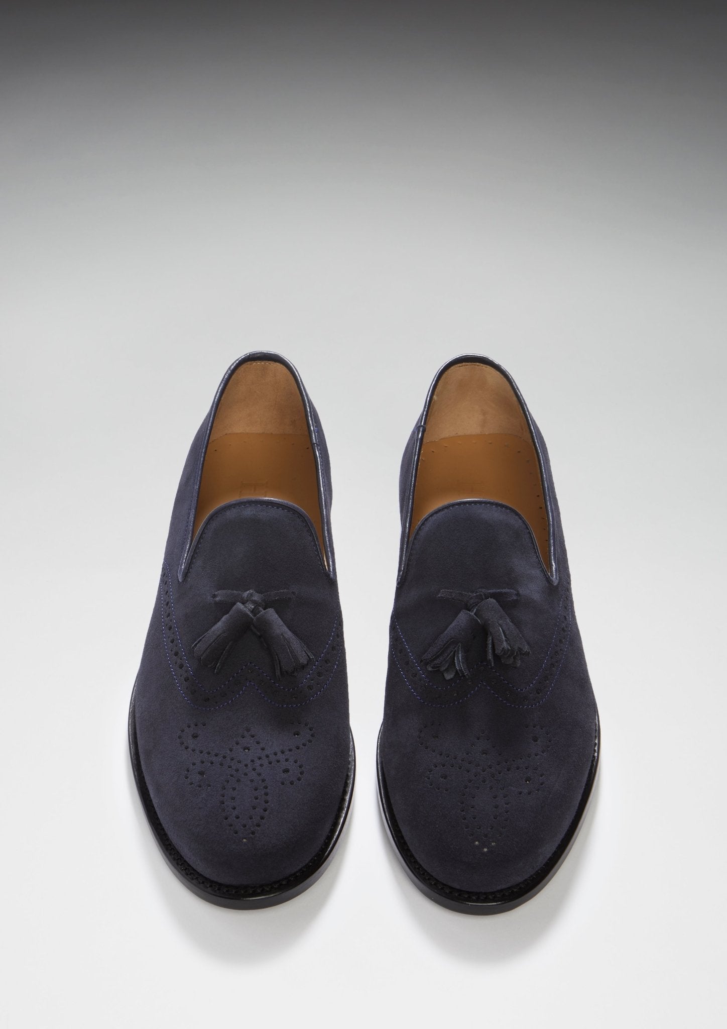 Navy Blue Suede Tasselled Brogues, Welted Leather Sole - Hugs & Co.