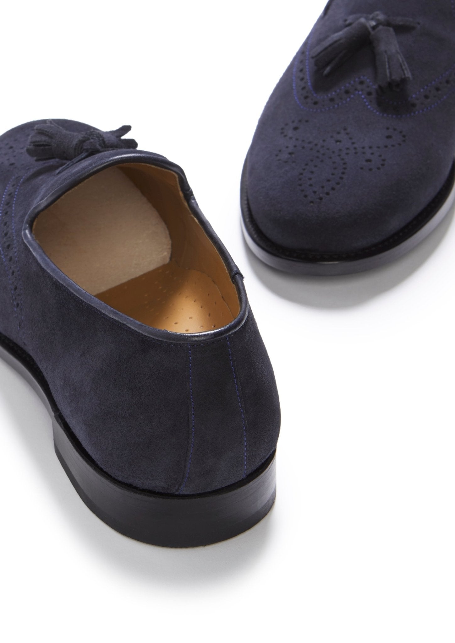 Navy Blue Suede Tasselled Brogues, Welted Leather Sole - Hugs & Co.