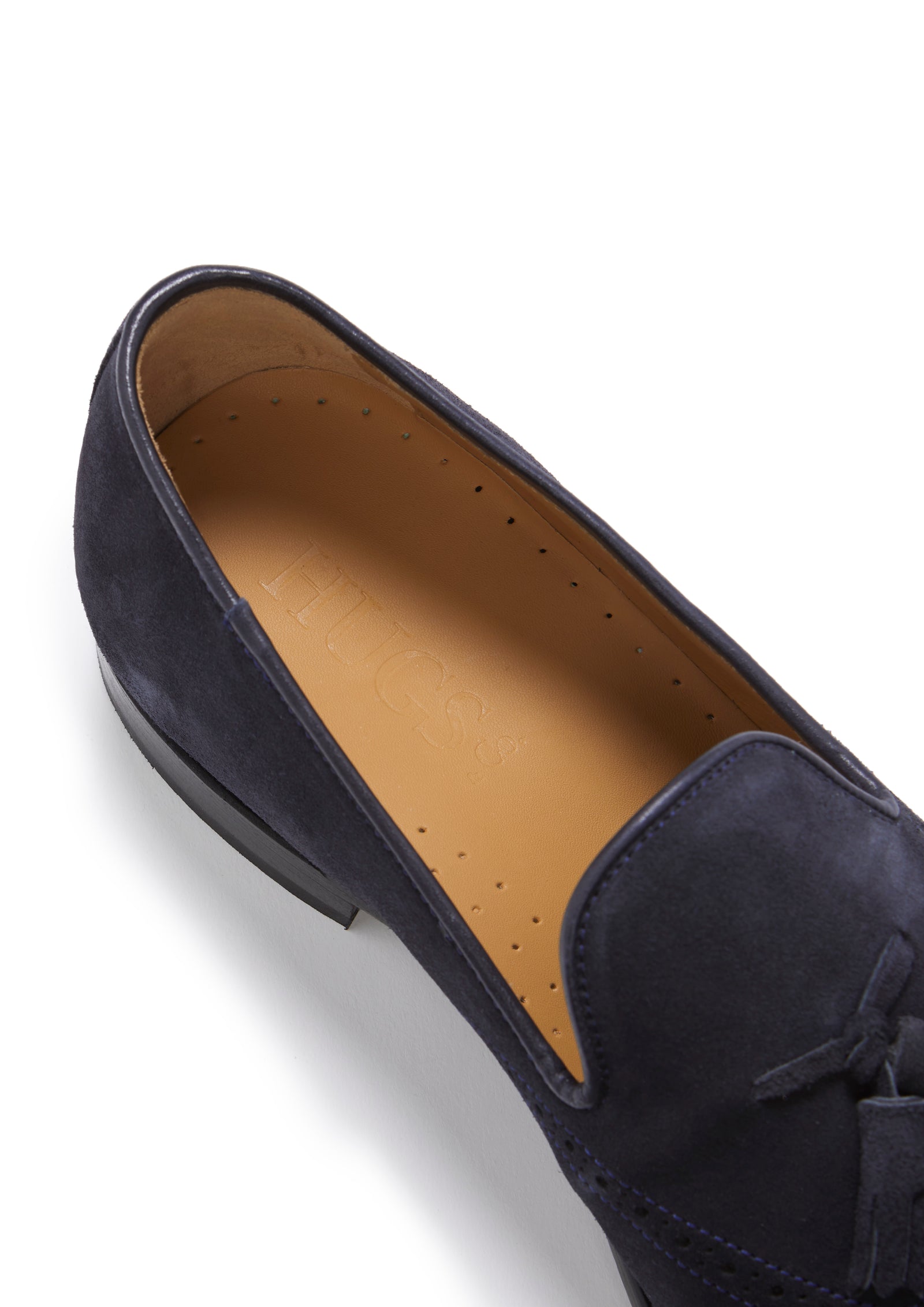Marineblaue Brogues aus Wildleder mit Troddeln, rahmengenähte Ledersohle