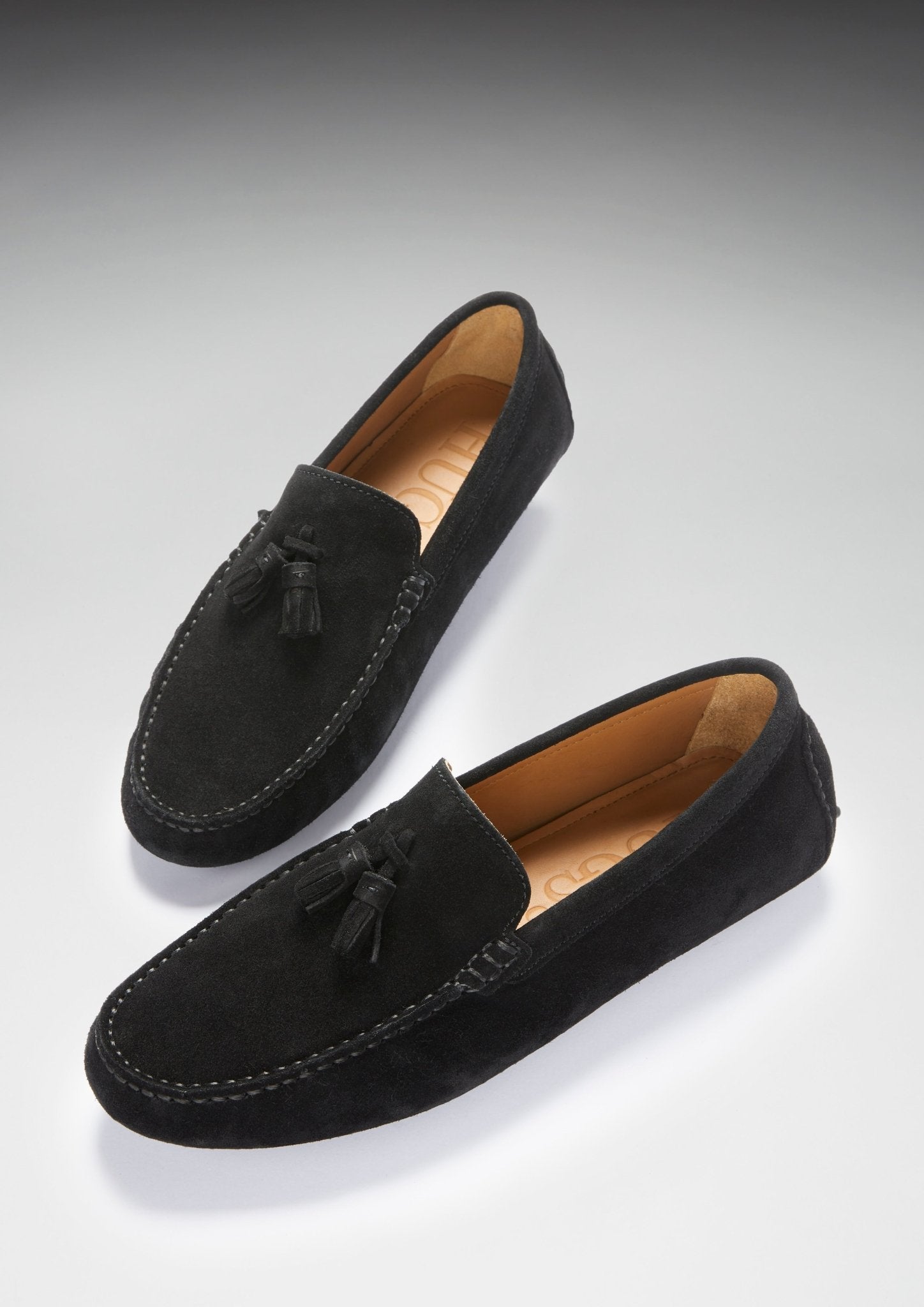 Tasselled Driving Loafers, black suede - Hugs & Co.