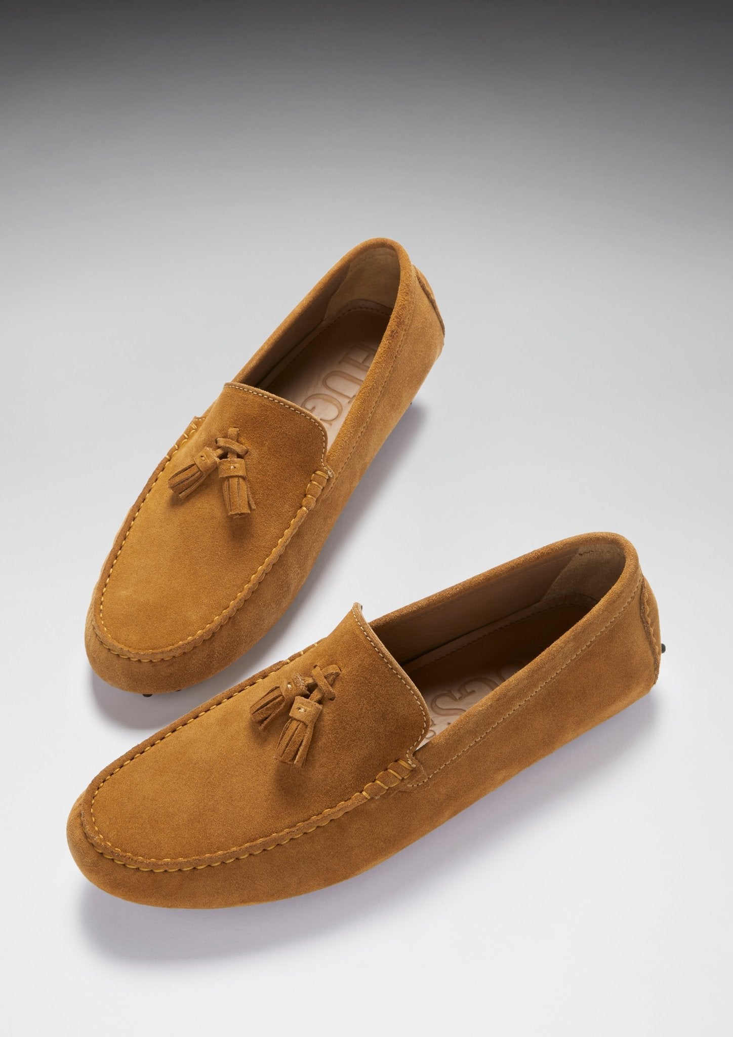 Tasselled Driving Loafers, tobacco suede - Hugs & Co.