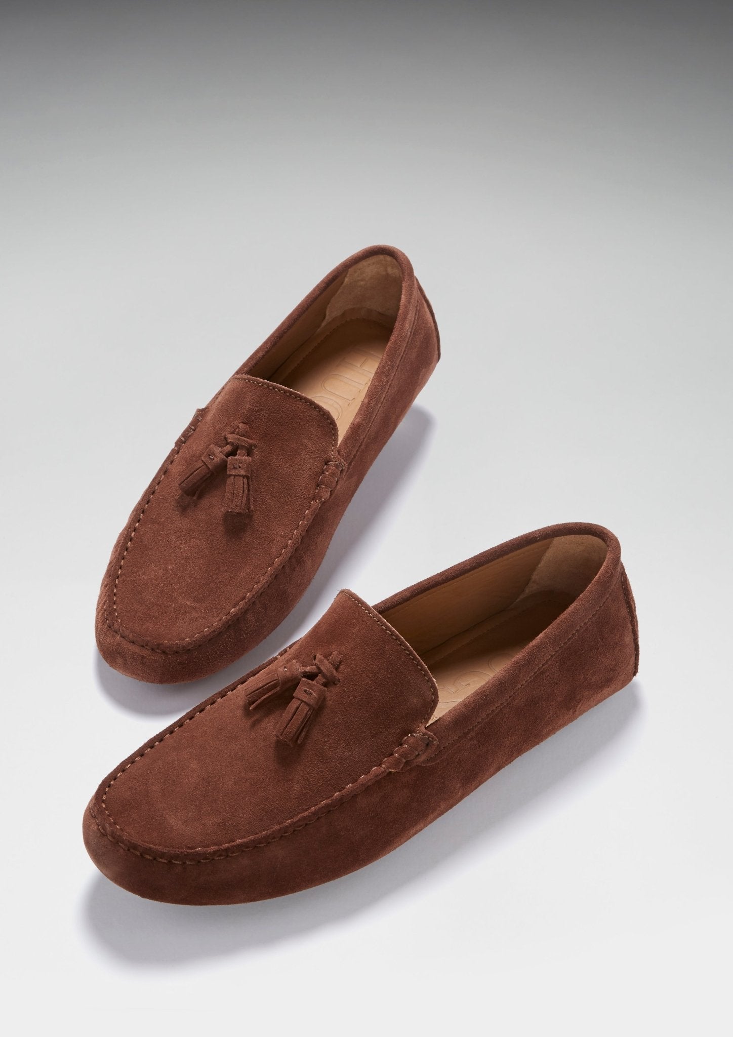 Tasselled Driving Loafers, mahogany brown suede - Hugs & Co.