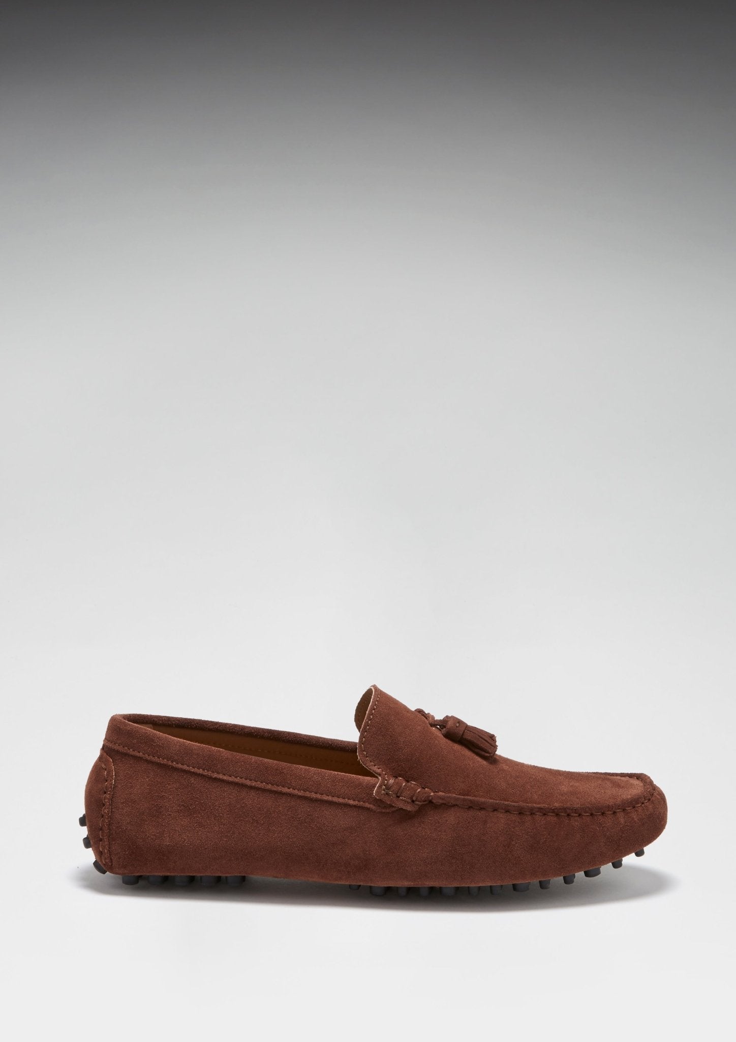 Tasselled Driving Loafers, mahogany brown suede - Hugs & Co.