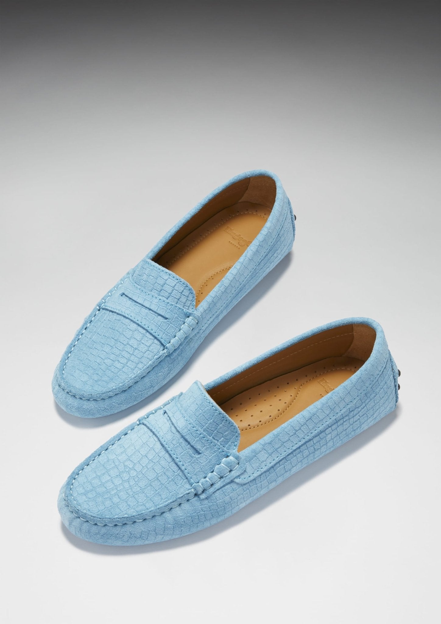 Women's Penny Driving Loafers, blue embossed suede - Hugs & Co.