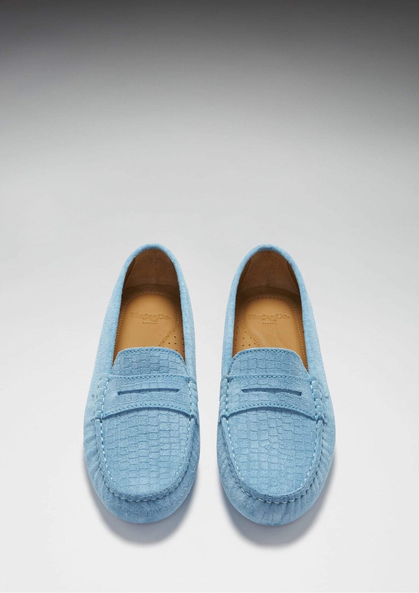 Women's Penny Driving Loafers, blue embossed suede - Hugs & Co.