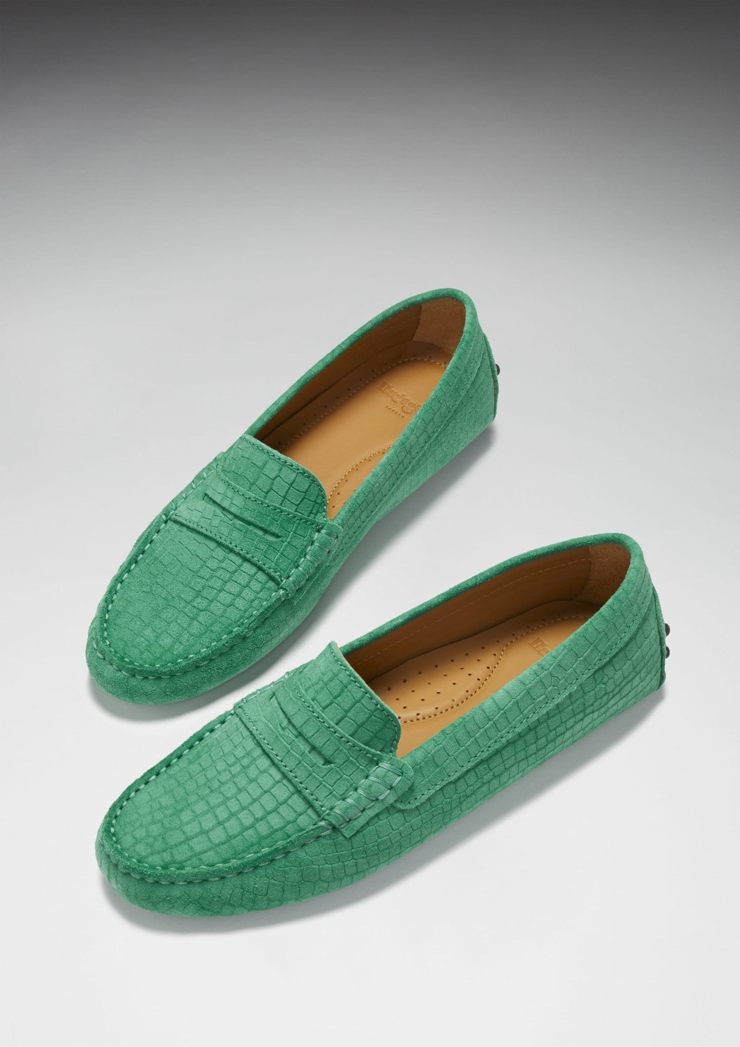 Women's Penny Driving Loafers, emerald embossed suede - Hugs & Co.
