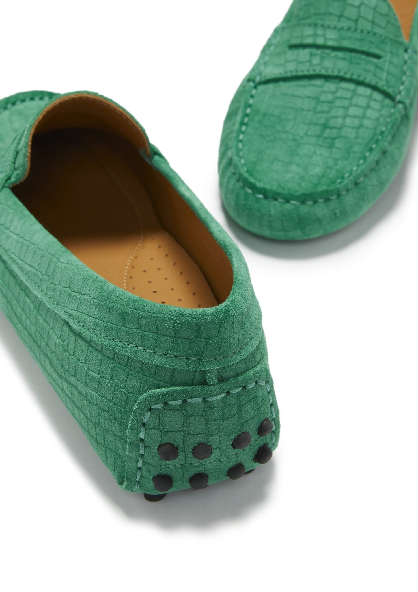 Women's Penny Driving Loafers, emerald embossed suede - Hugs & Co.