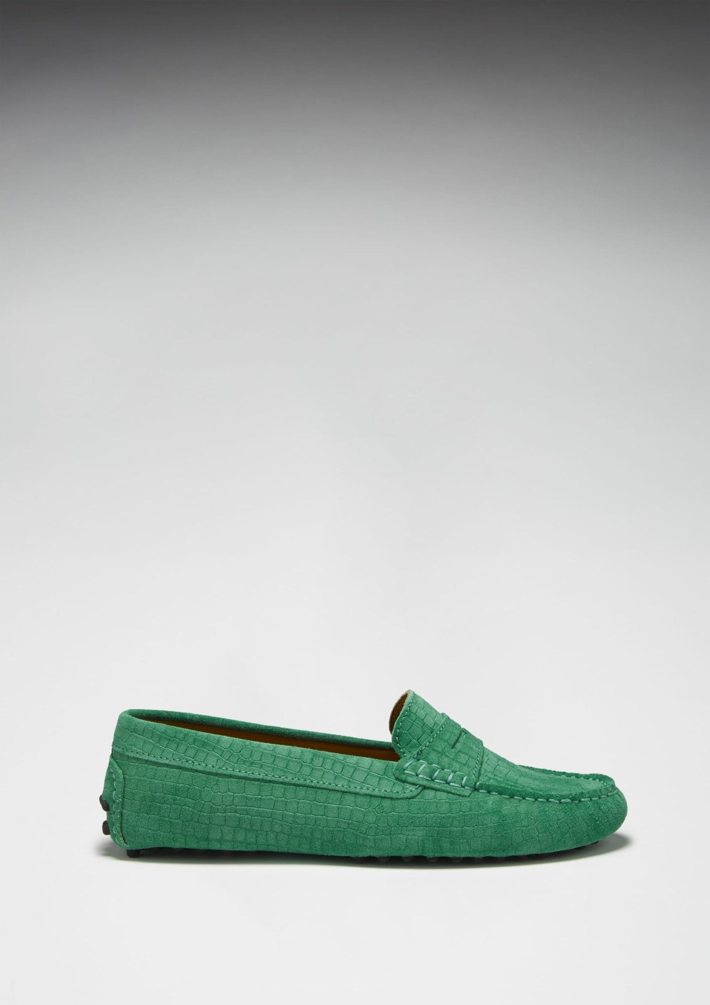 Women's Penny Driving Loafers, emerald embossed suede - Hugs & Co.