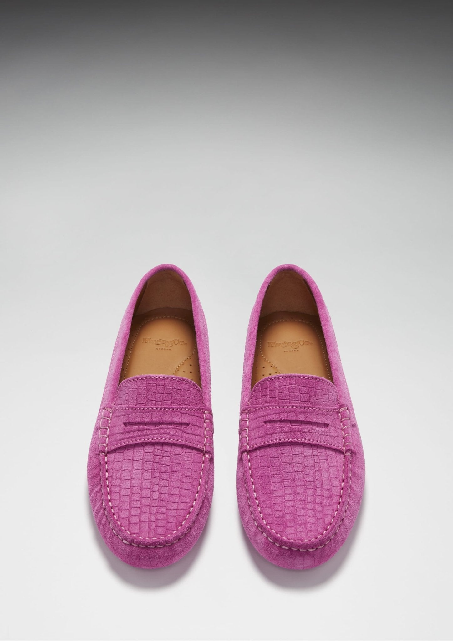 Women's Penny Driving Loafers, pink embossed suede - Hugs & Co.