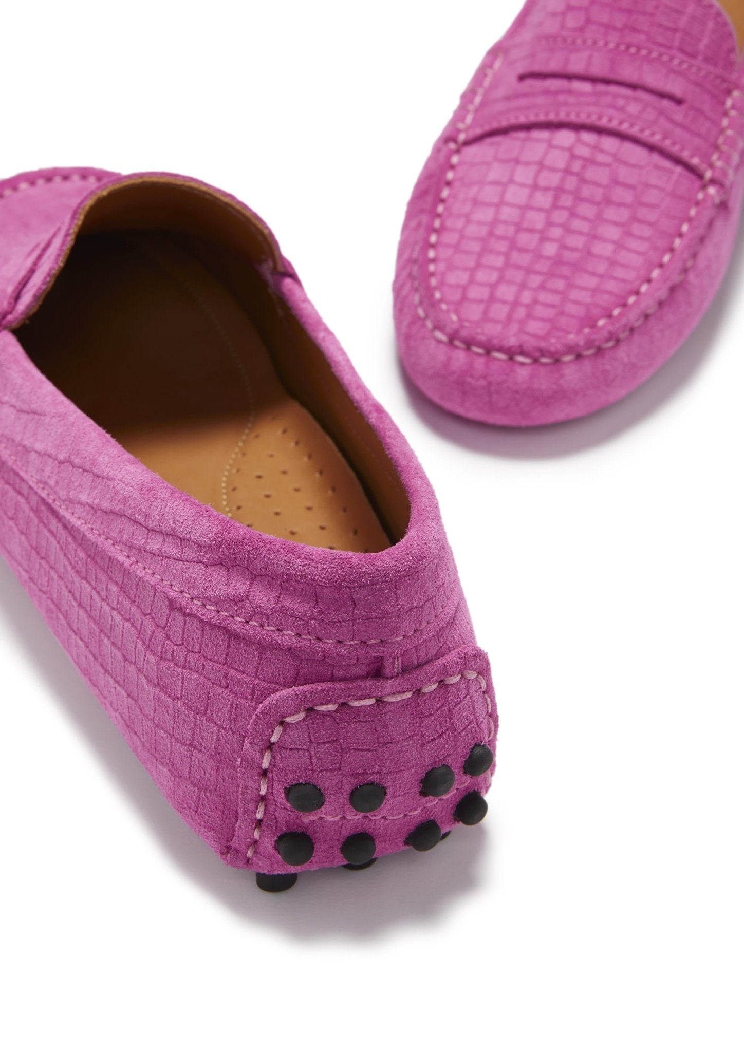 Women's Penny Driving Loafers, pink embossed suede - Hugs & Co.