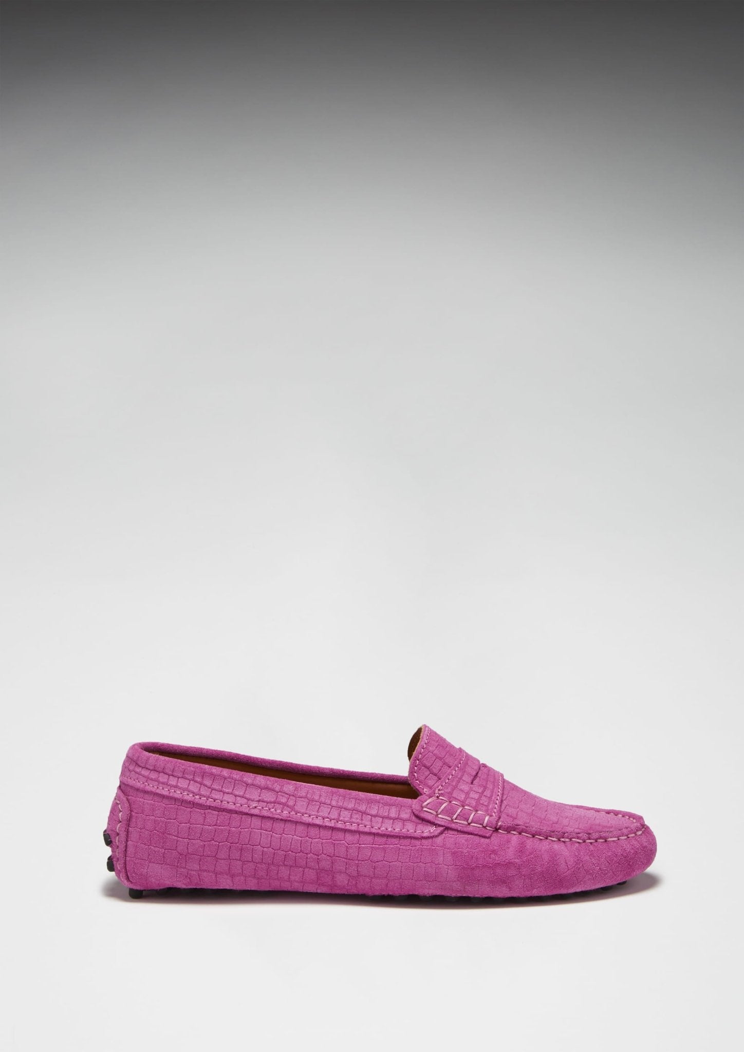 Women's Penny Driving Loafers, pink embossed suede - Hugs & Co.