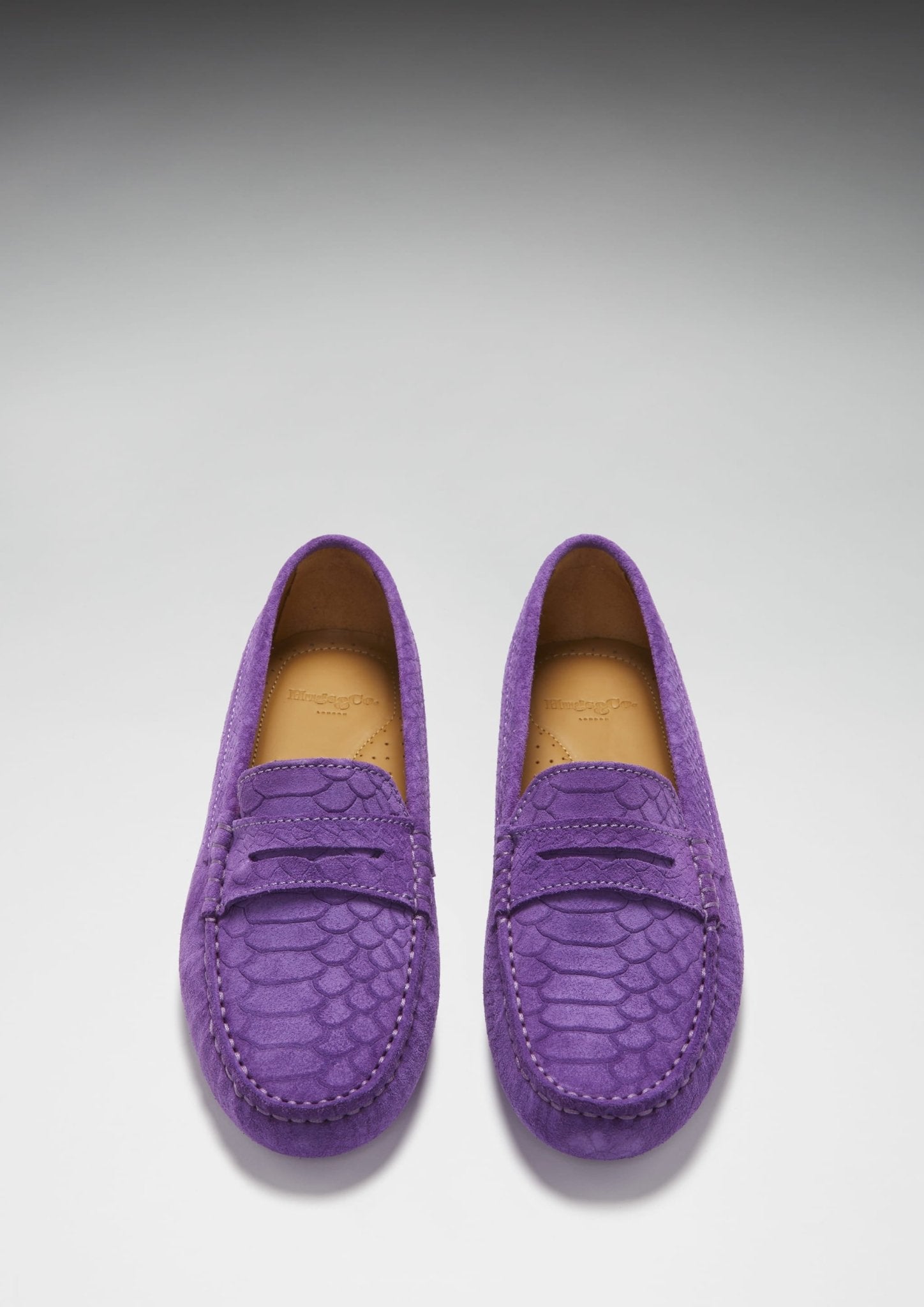 Women's Penny Driving Loafers, purple embossed suede - Hugs & Co.