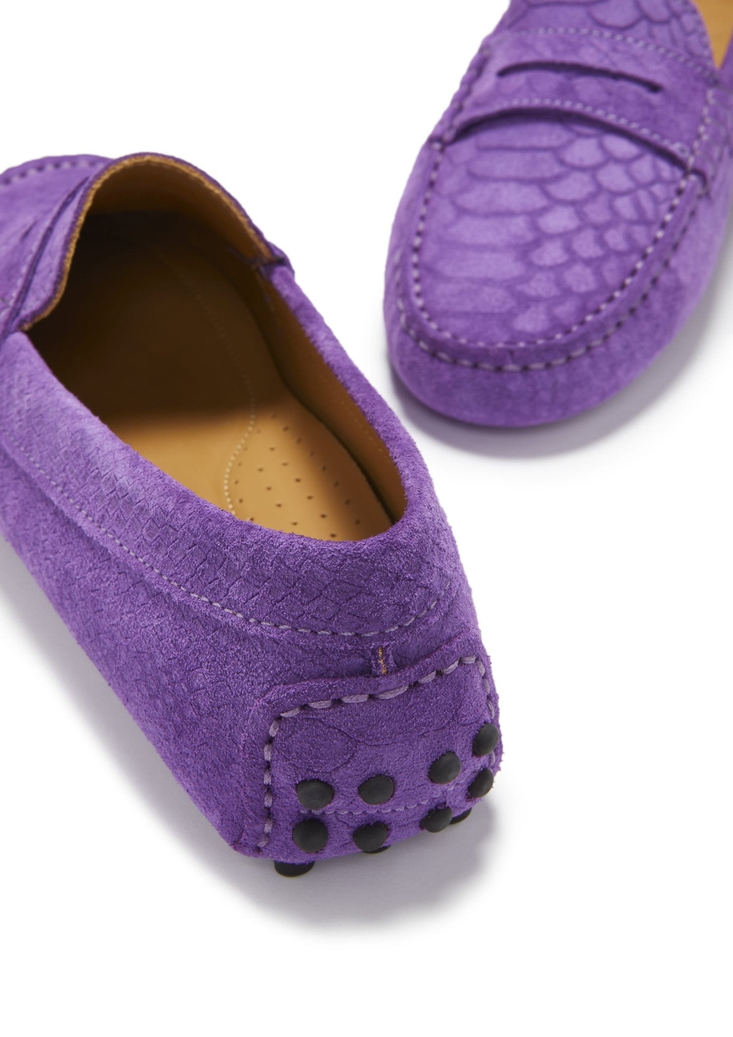 Women's Penny Driving Loafers, purple embossed suede - Hugs & Co.