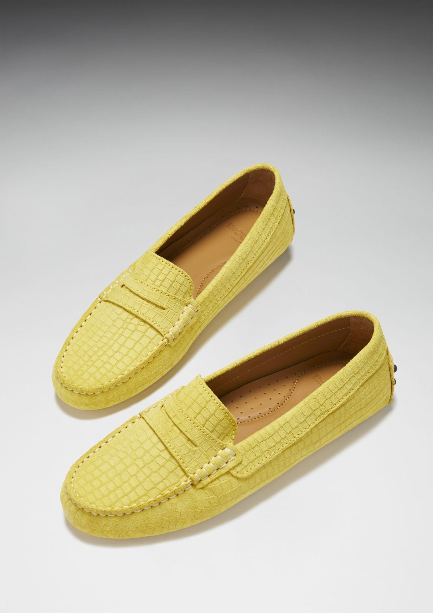 Women's Penny Driving Loafers, yellow embossed suede - Hugs & Co.