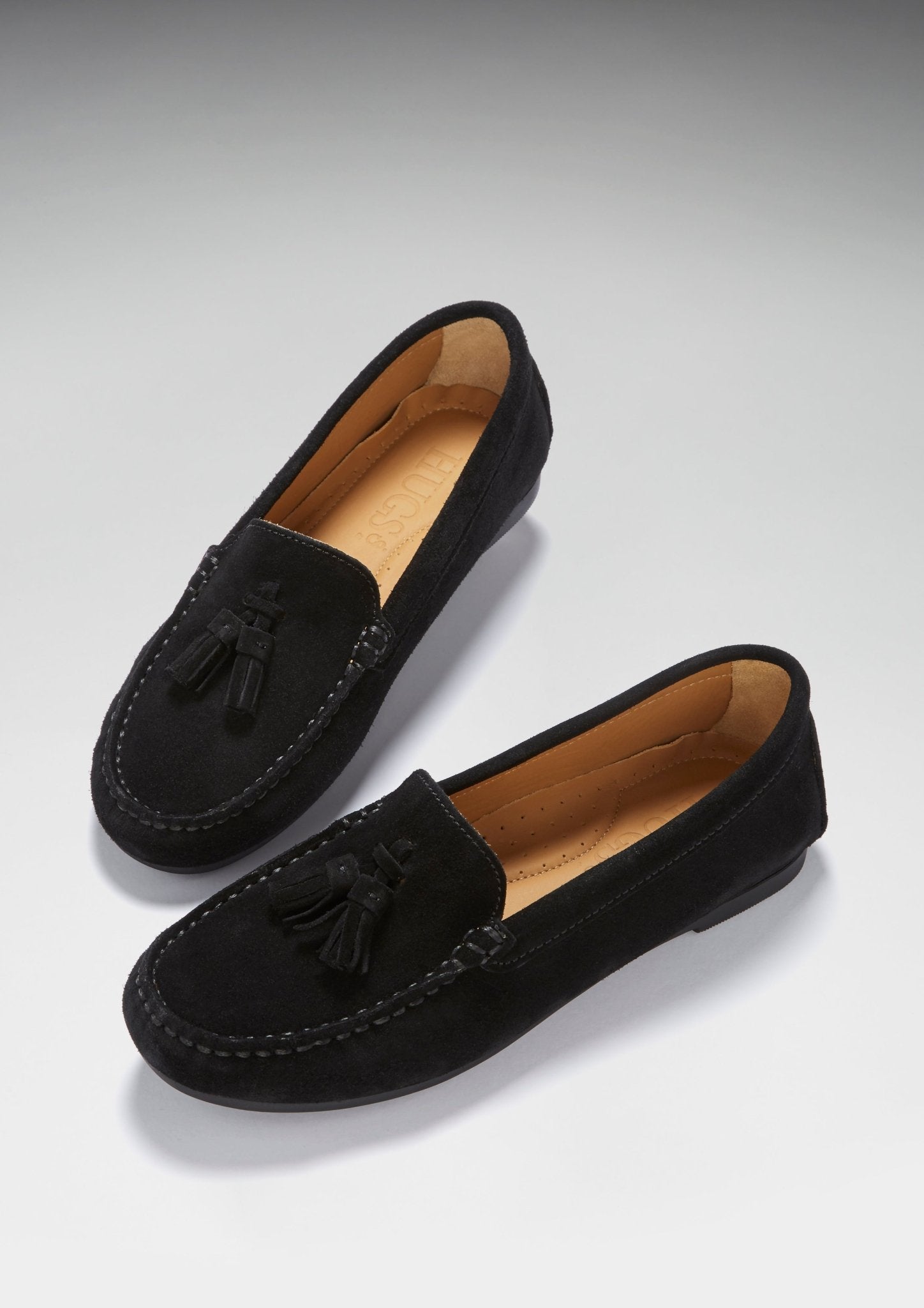 Women's Tasselled Driving Loafers Full Rubber Sole, black suede - Hugs & Co.