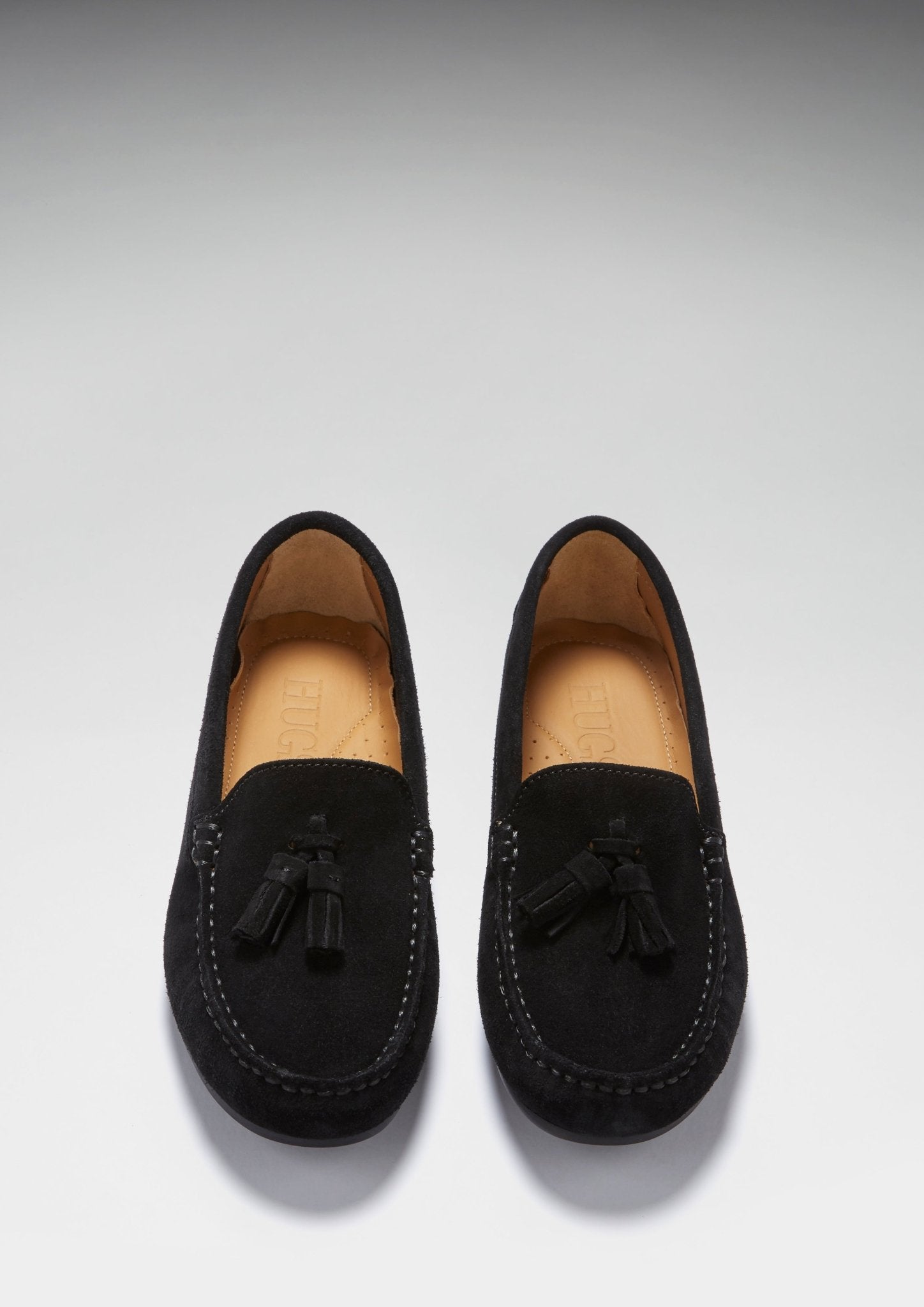 Women's Tasselled Driving Loafers Full Rubber Sole, black suede - Hugs & Co.