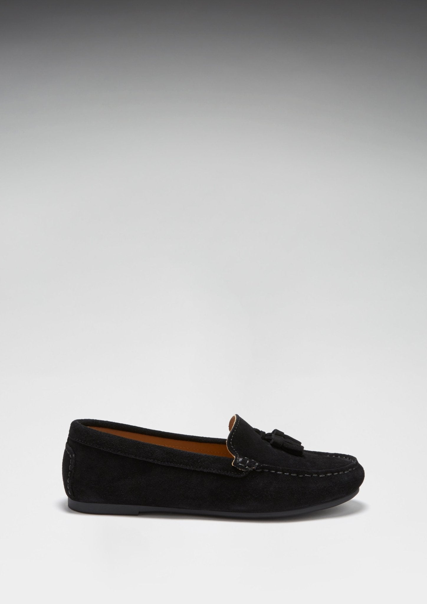 Women's Tasselled Driving Loafers Full Rubber Sole, black suede - Hugs & Co.