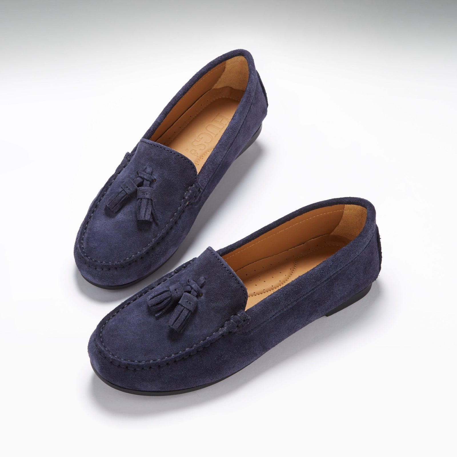 Women's Tasselled Driving Loafers Full Rubber Sole, navy blue suede - Hugs & Co.