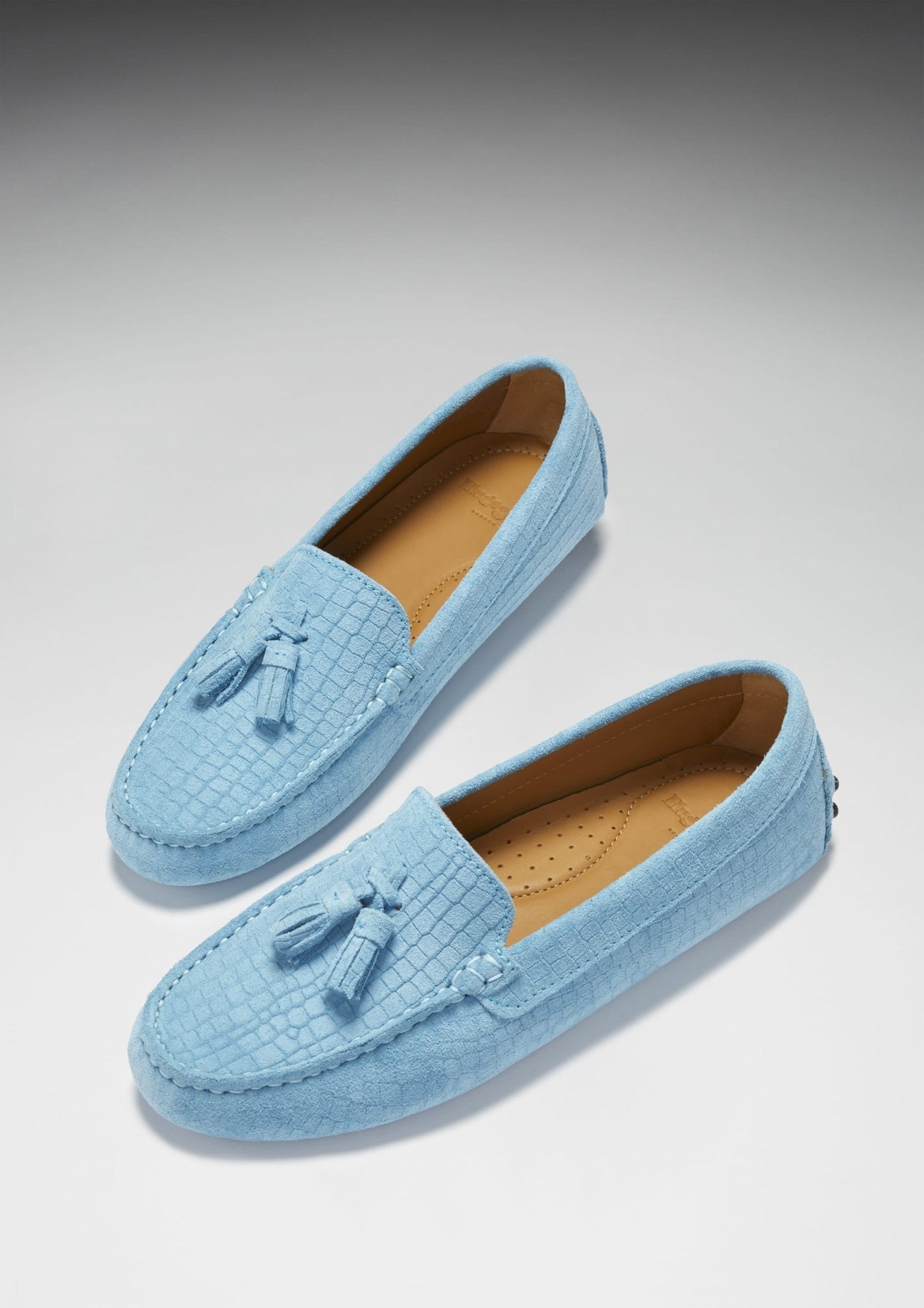 Women's Tasselled Driving Loafers, blue embossed suede - Hugs & Co.