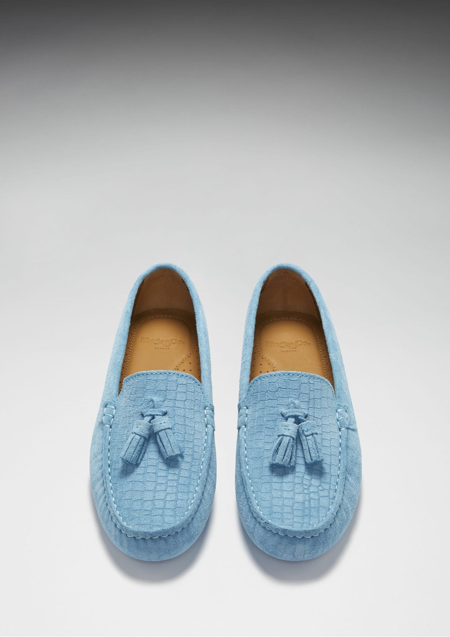 Women's Tasselled Driving Loafers, blue embossed suede - Hugs & Co.