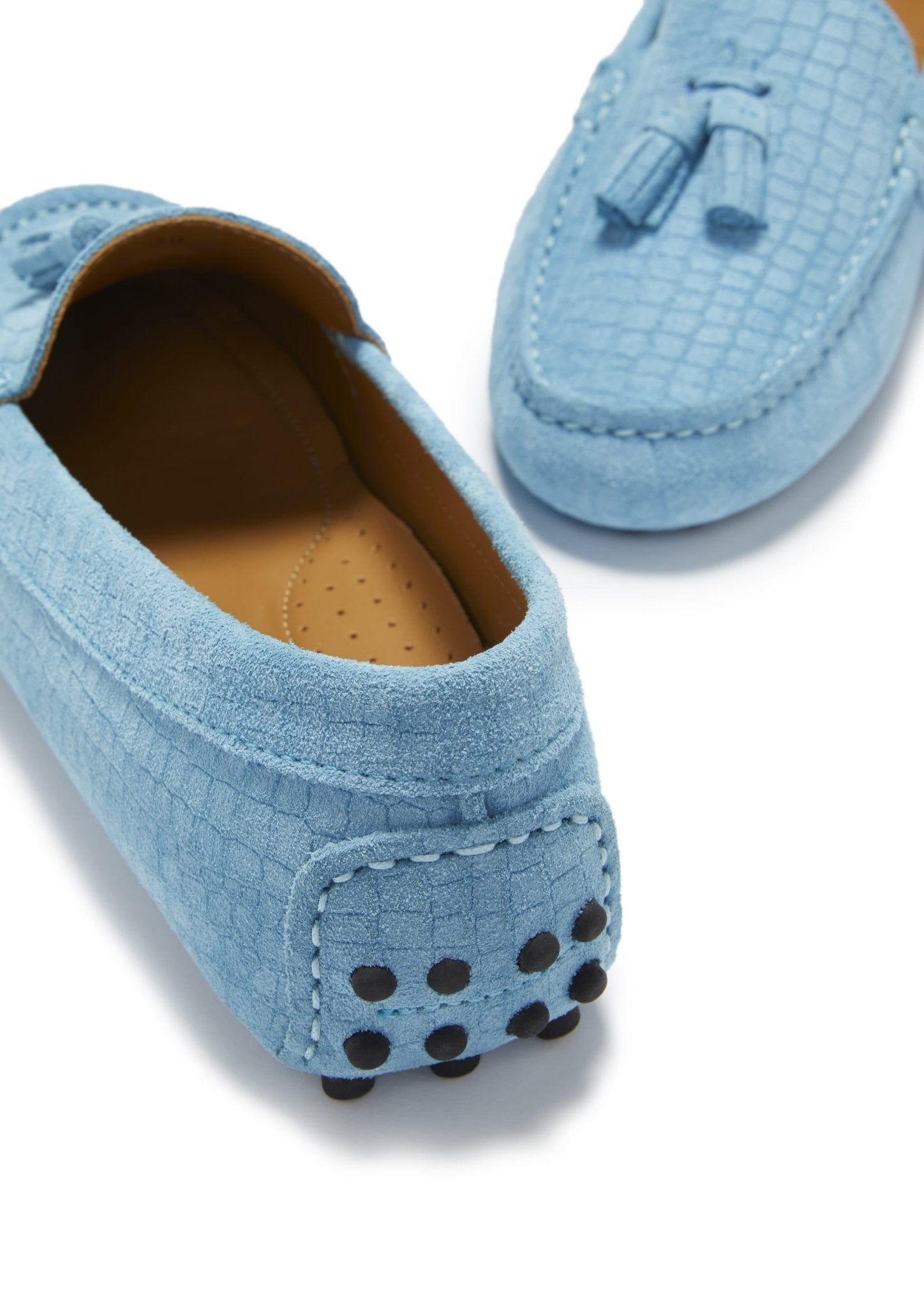 Women's Tasselled Driving Loafers, blue embossed suede - Hugs & Co.