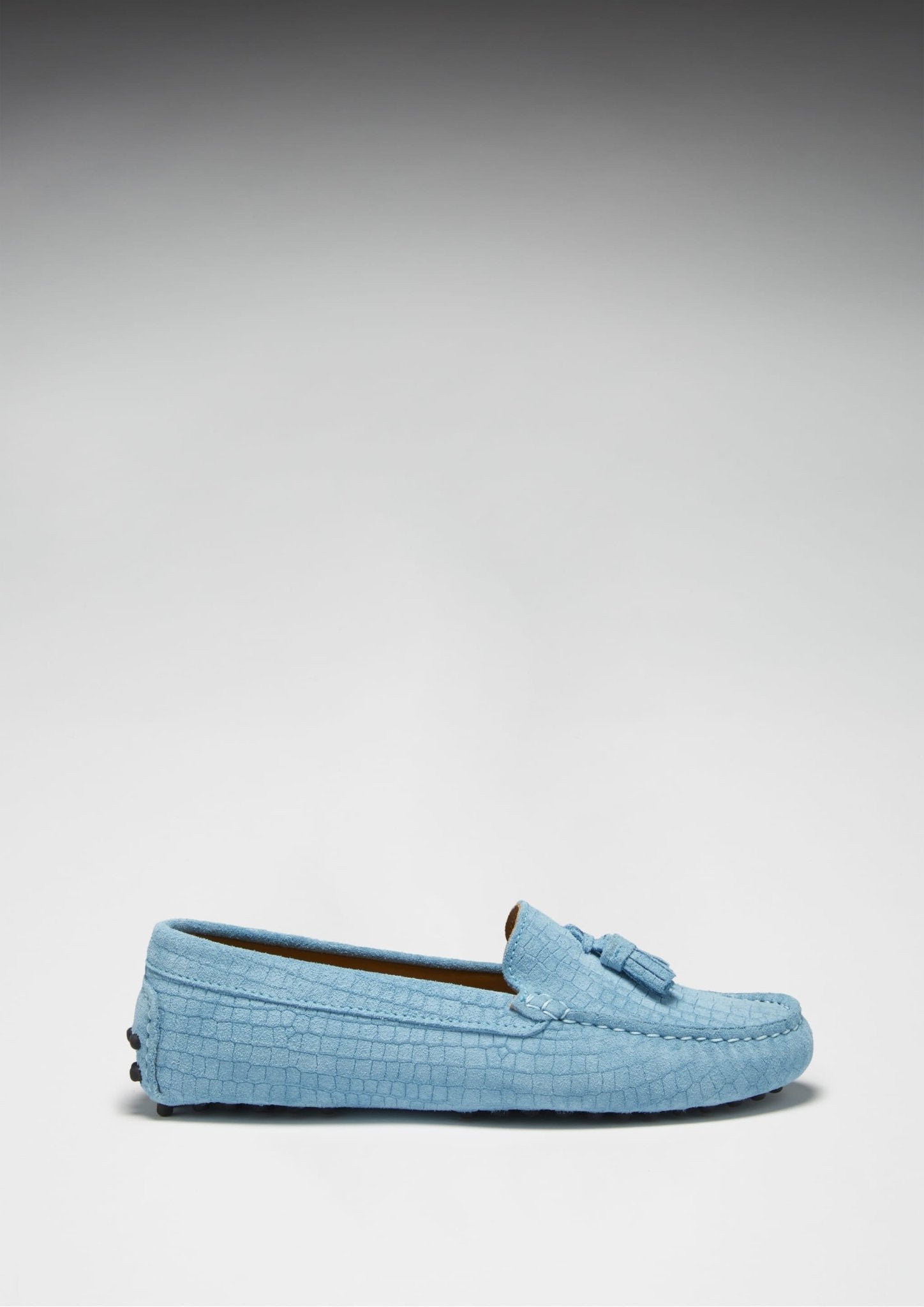 Women's Tasselled Driving Loafers, blue embossed suede - Hugs & Co.