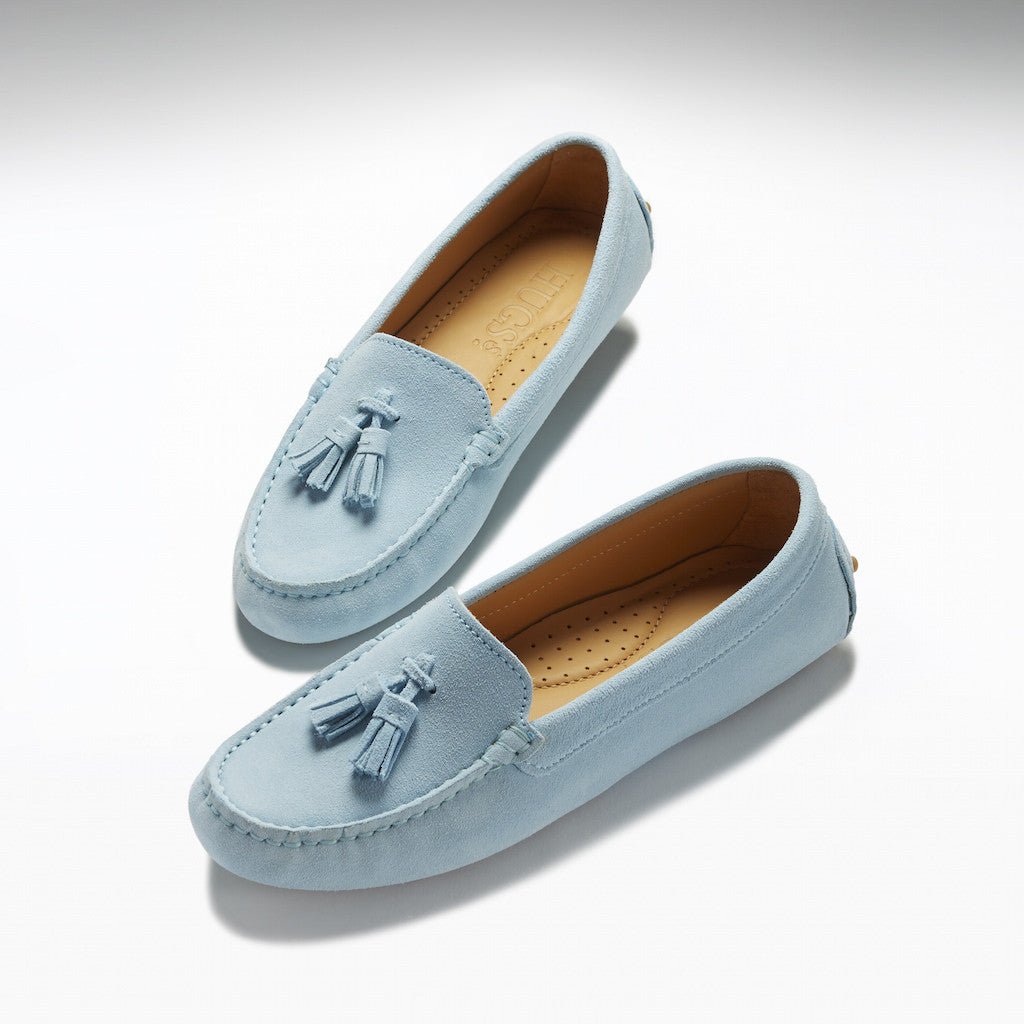 Women's Tasselled Driving Loafers, sky blue suede - Hugs & Co.
