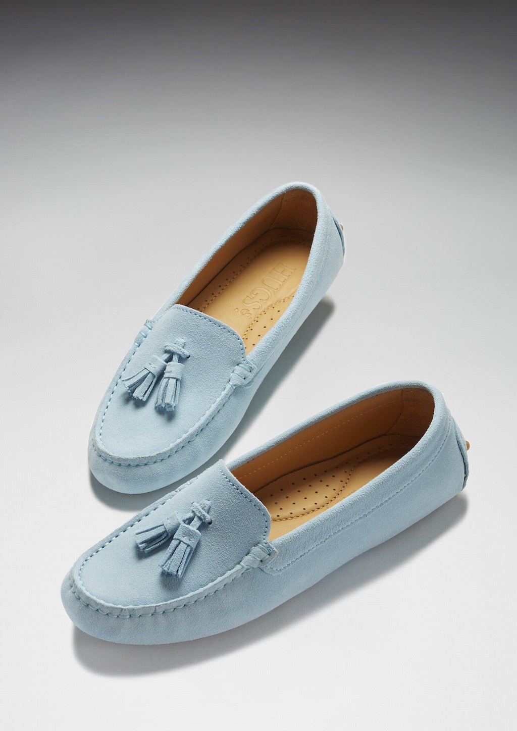 Women's Tasselled Driving Loafers, sky blue suede - Hugs & Co.