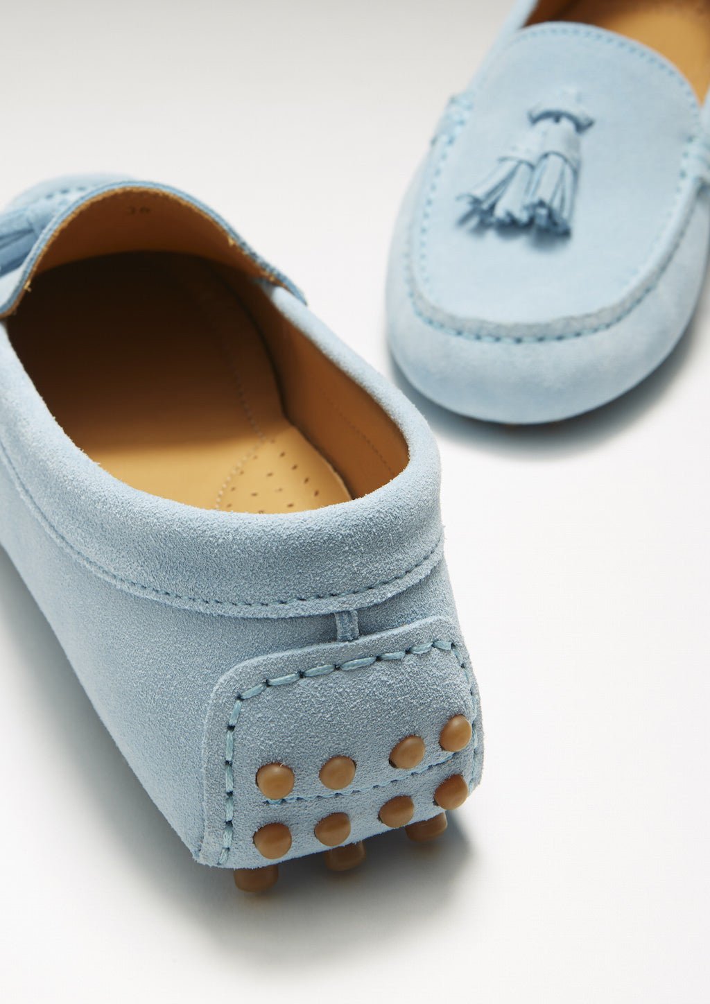 Women's Tasselled Driving Loafers, sky blue suede - Hugs & Co.