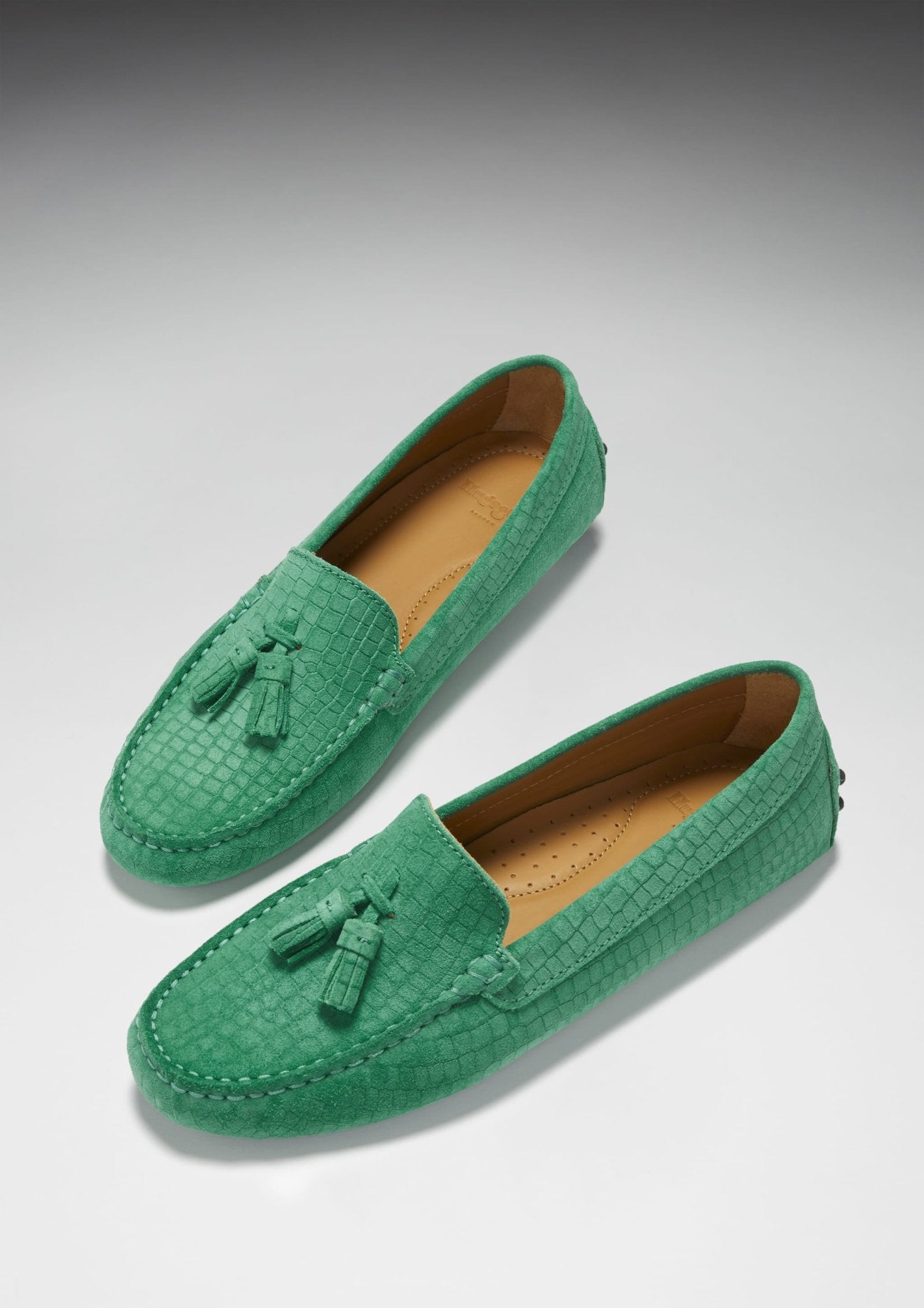Women's Tasselled Driving Loafers, emerald embossed suede - Hugs & Co.
