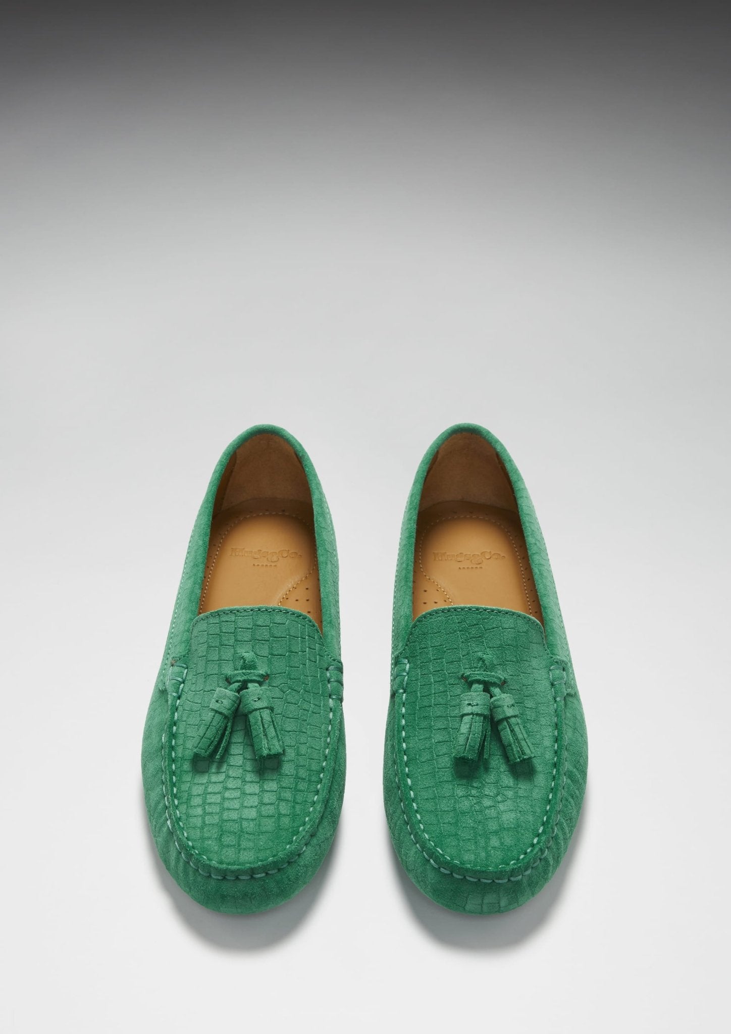 Women's Tasselled Driving Loafers, emerald embossed suede - Hugs & Co.