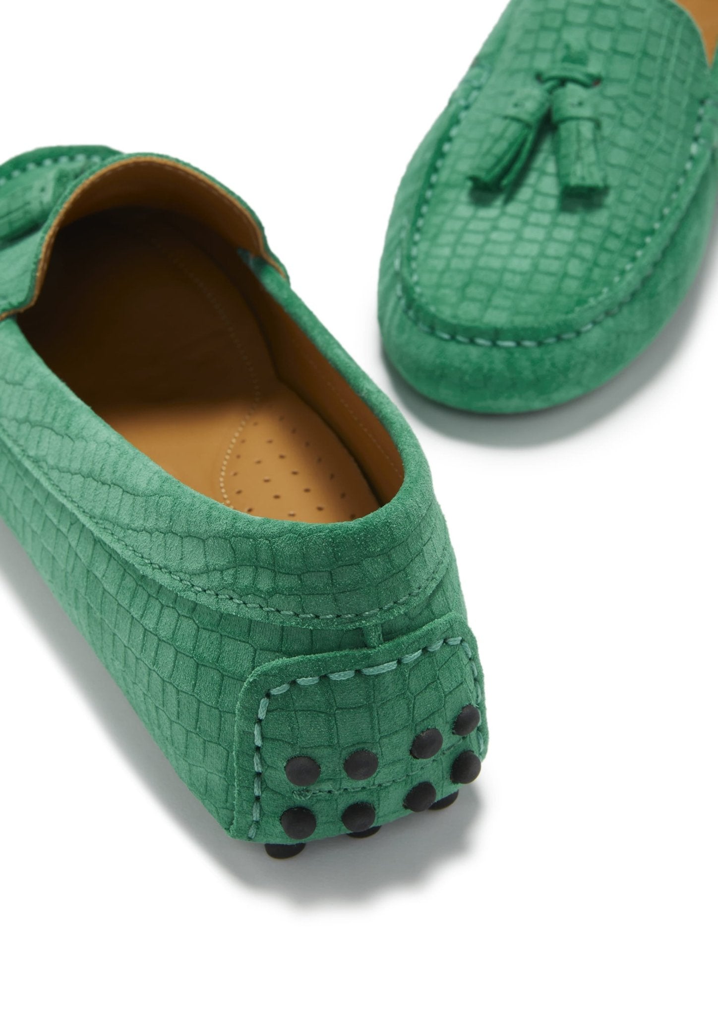 Women's Tasselled Driving Loafers, emerald embossed suede - Hugs & Co.