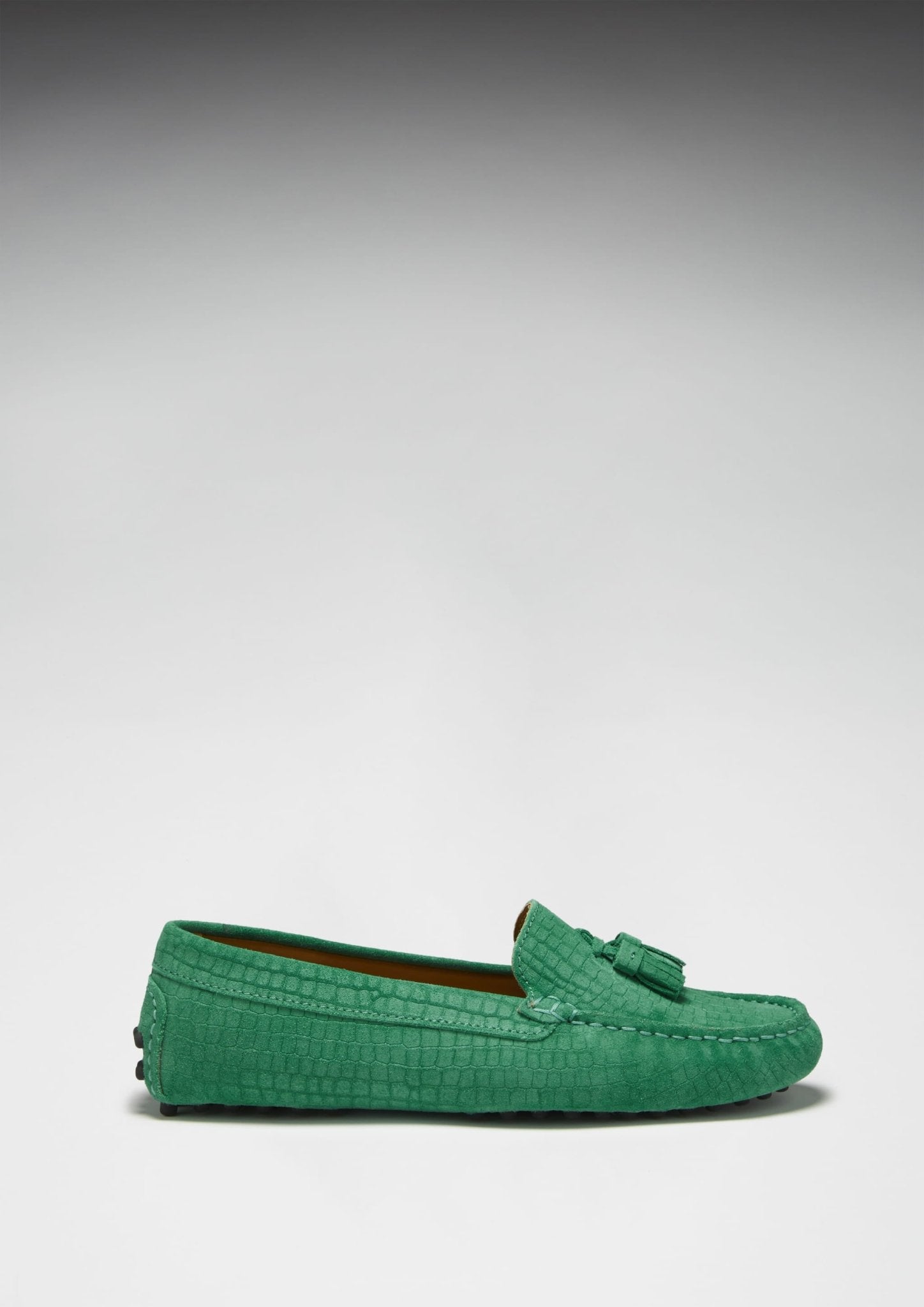 Women's Tasselled Driving Loafers, emerald embossed suede - Hugs & Co.