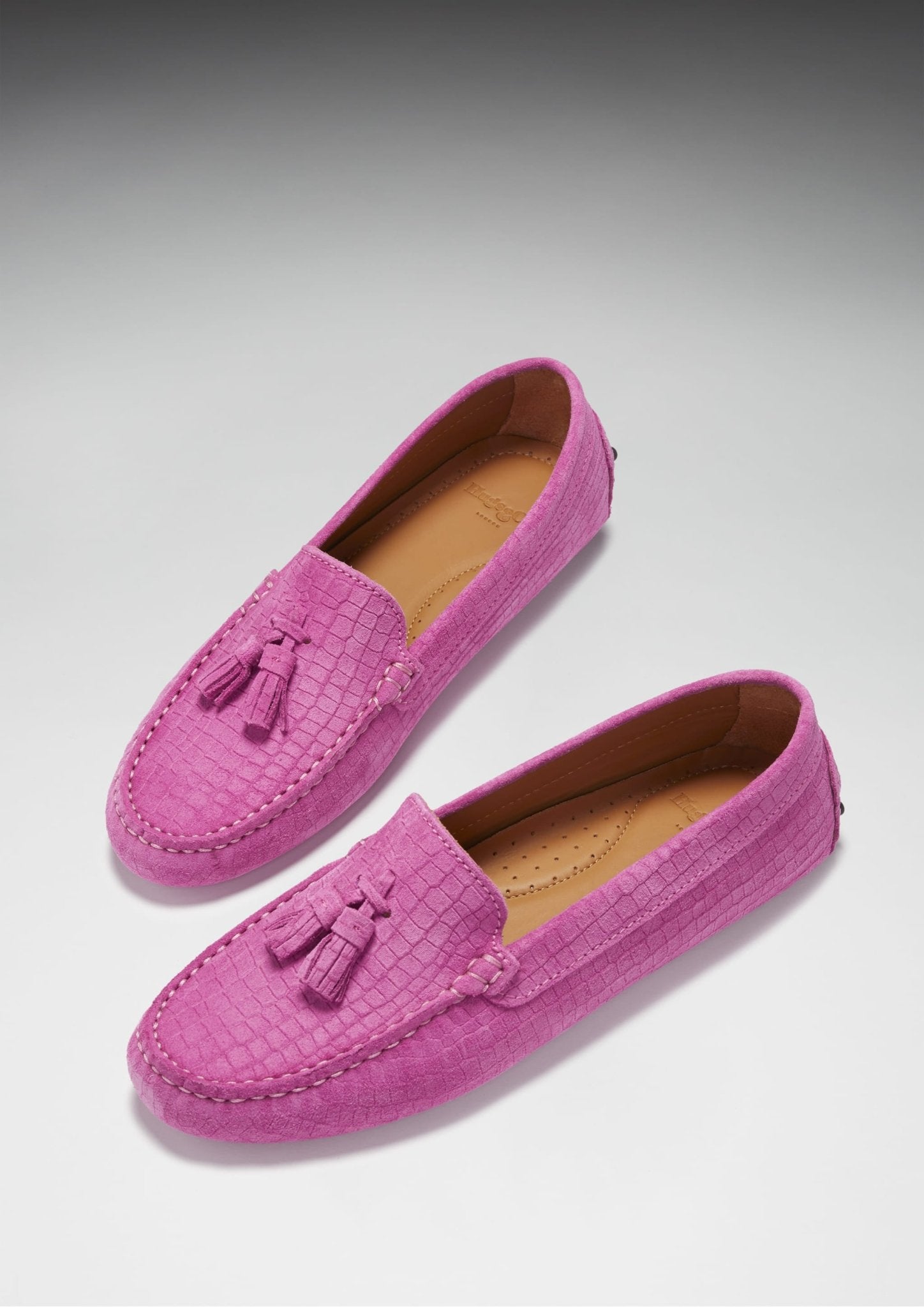 Women's Tasselled Driving Loafers, pink embossed suede - Hugs & Co.