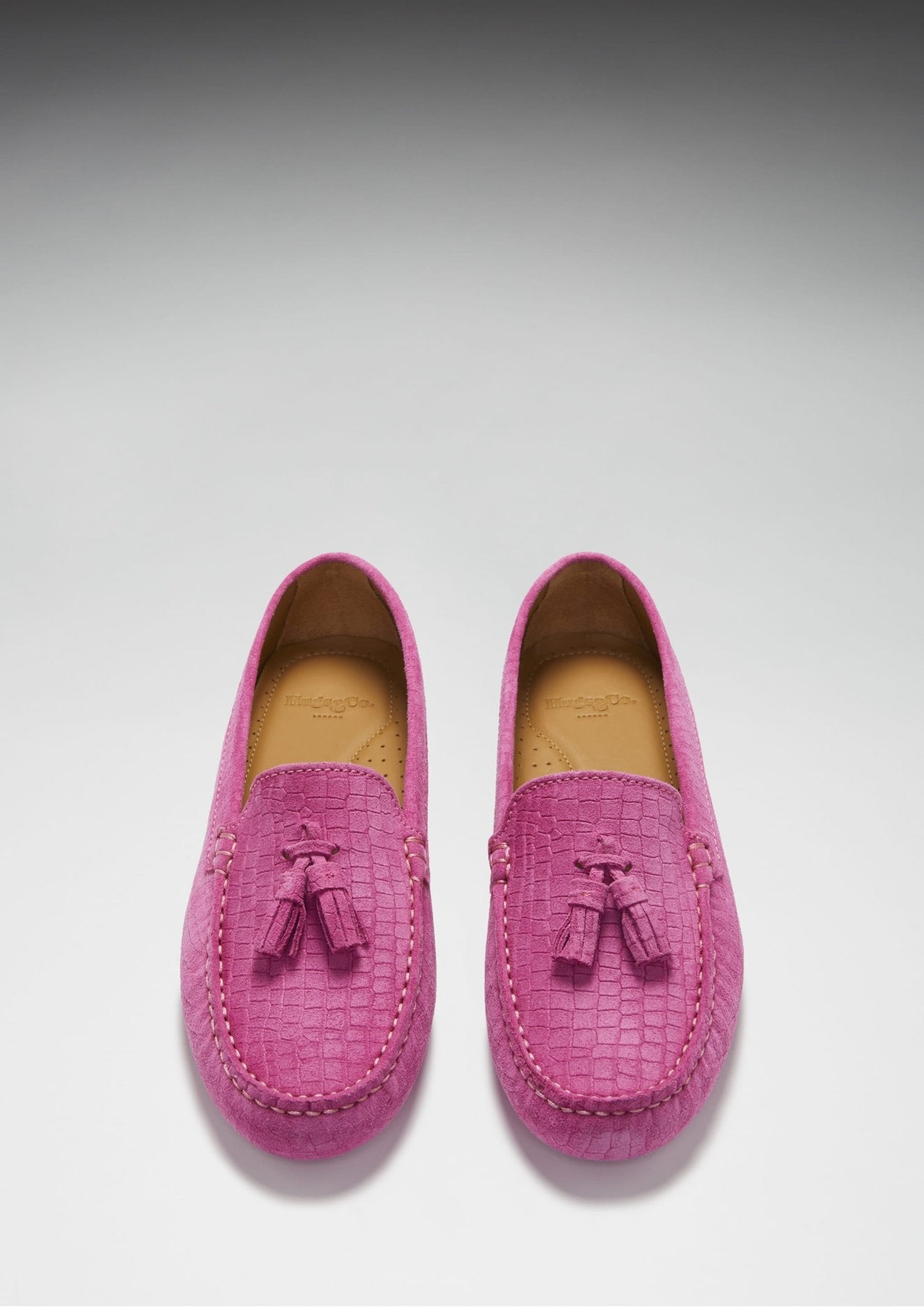 Women's Tasselled Driving Loafers, pink embossed suede - Hugs & Co.