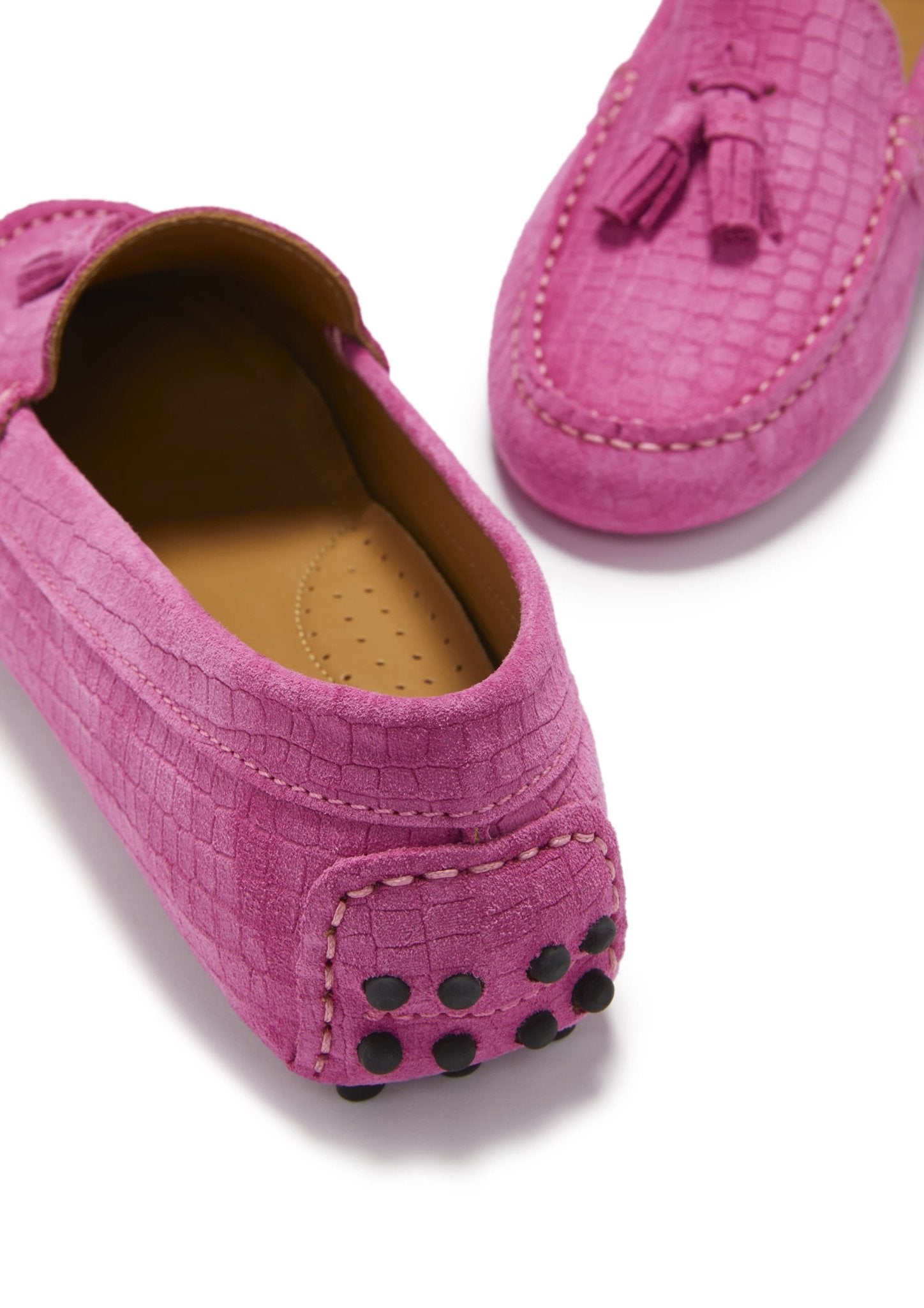 Women's Tasselled Driving Loafers, pink embossed suede - Hugs & Co.