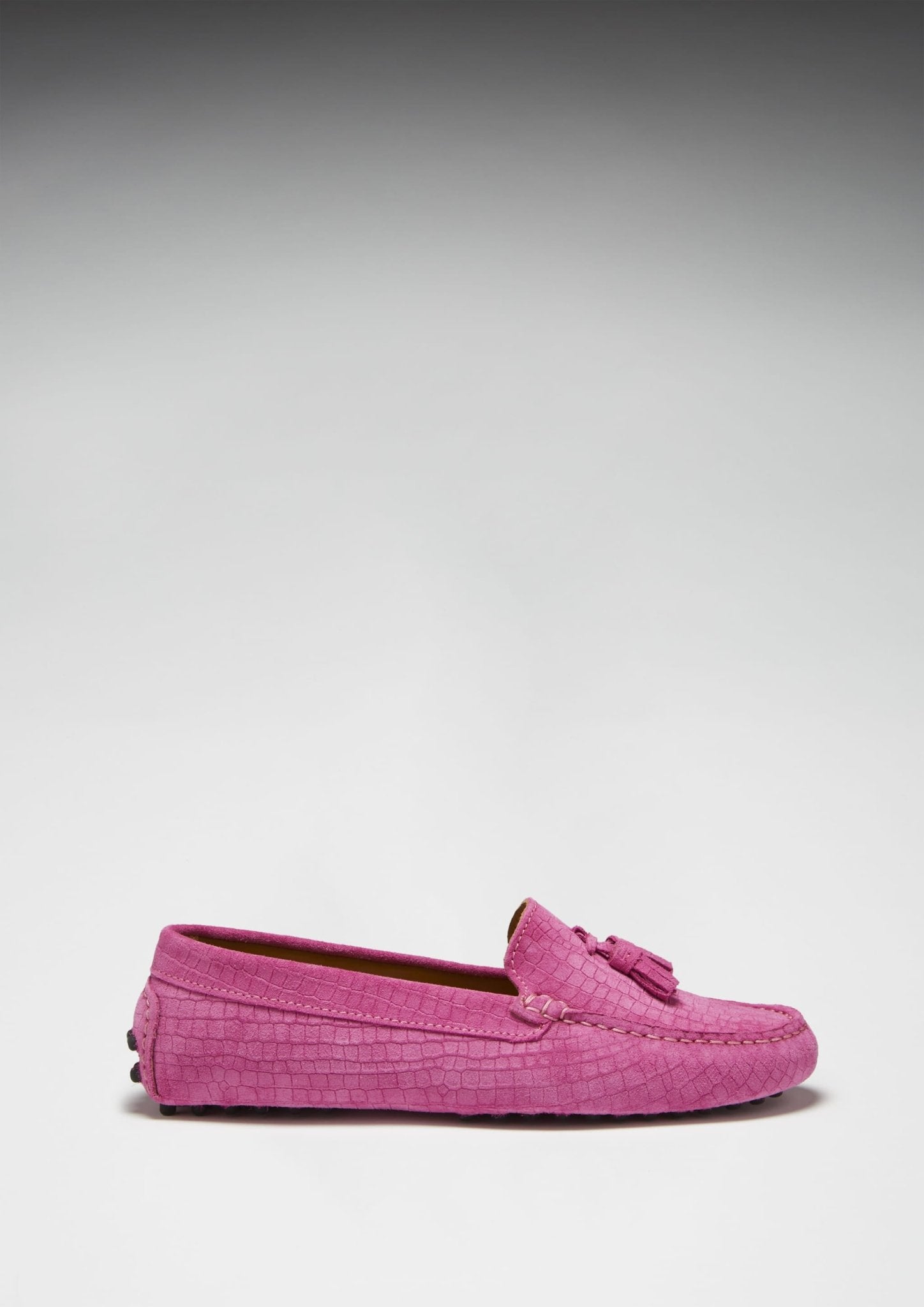 Women's Tasselled Driving Loafers, pink embossed suede - Hugs & Co.