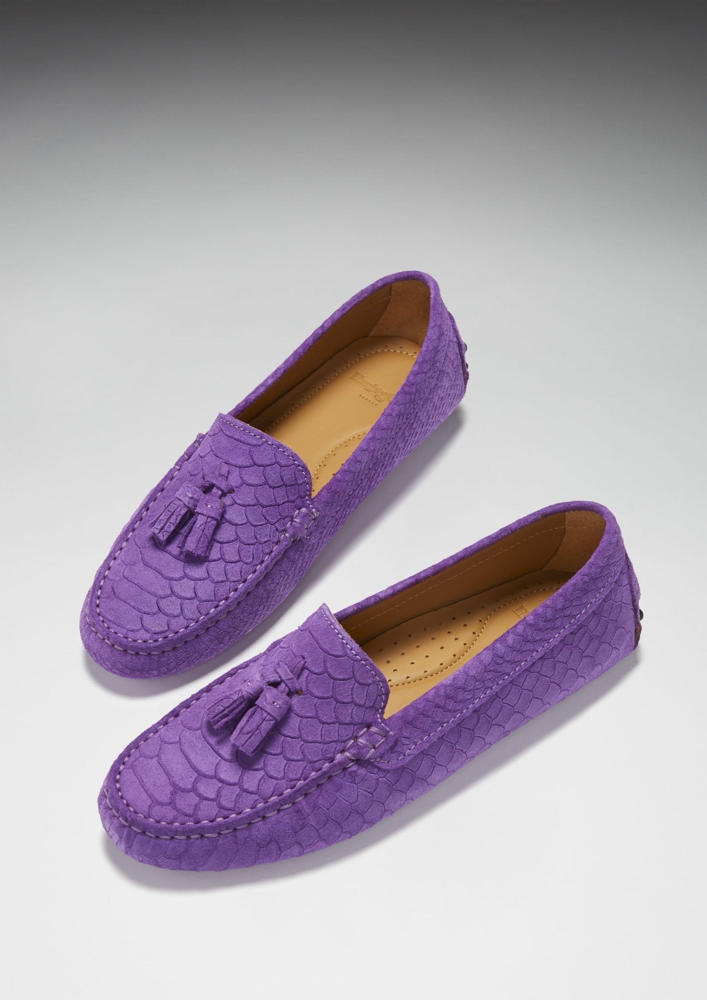 Women's Tasselled Driving Loafers, purple embossed suede - Hugs & Co.
